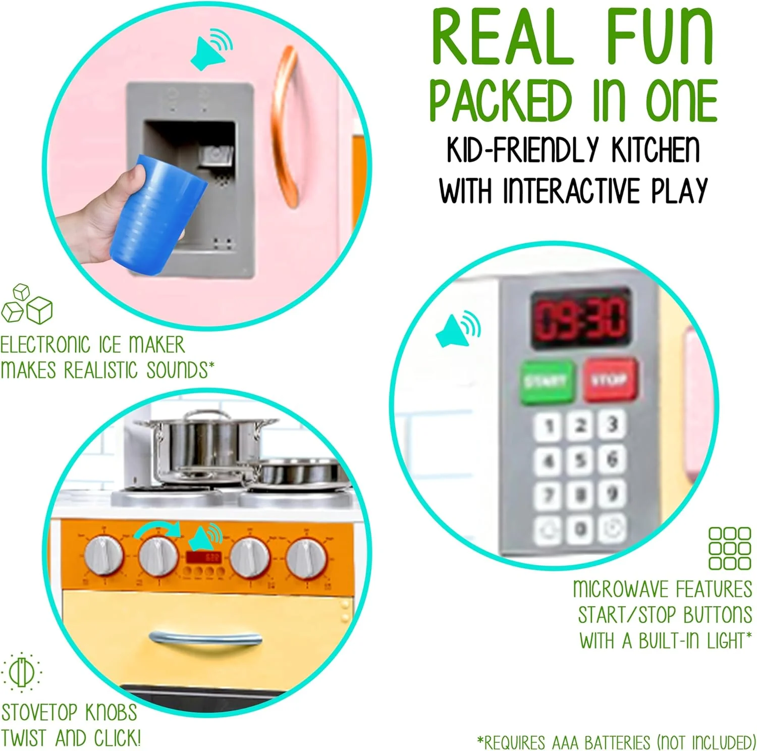 Lil' Jumbl Kids Kitchen Set, Pretend Wooden Play Kitchen, Battery Operated Icemaker & Microwave with Realistic Sound, Pots & Pan Included - Colorful - Image 3