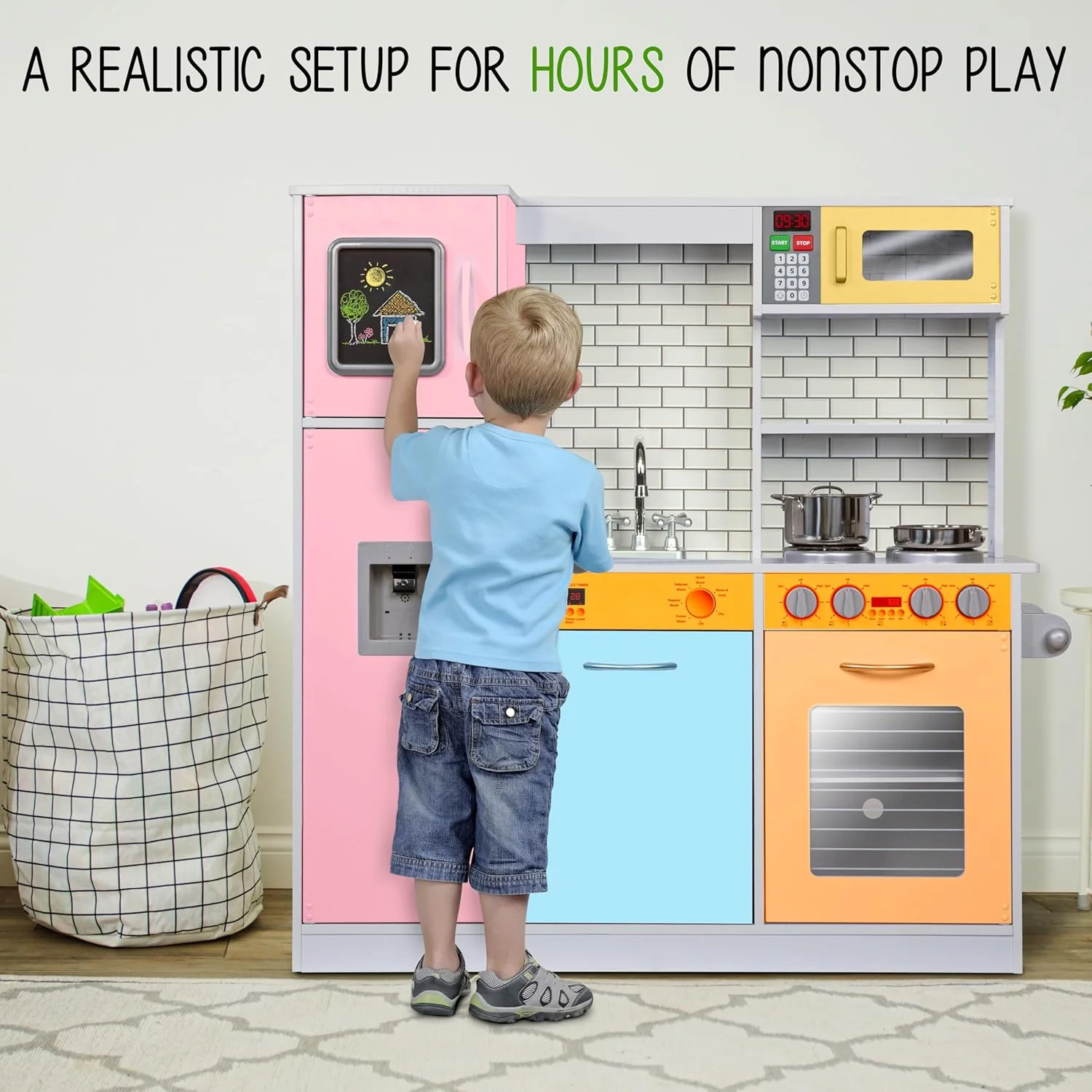Lil' Jumbl Kids Kitchen Set, Pretend Wooden Play Kitchen, Battery Operated Icemaker & Microwave with Realistic Sound, Pots & Pan Included - Colorful - Image 4