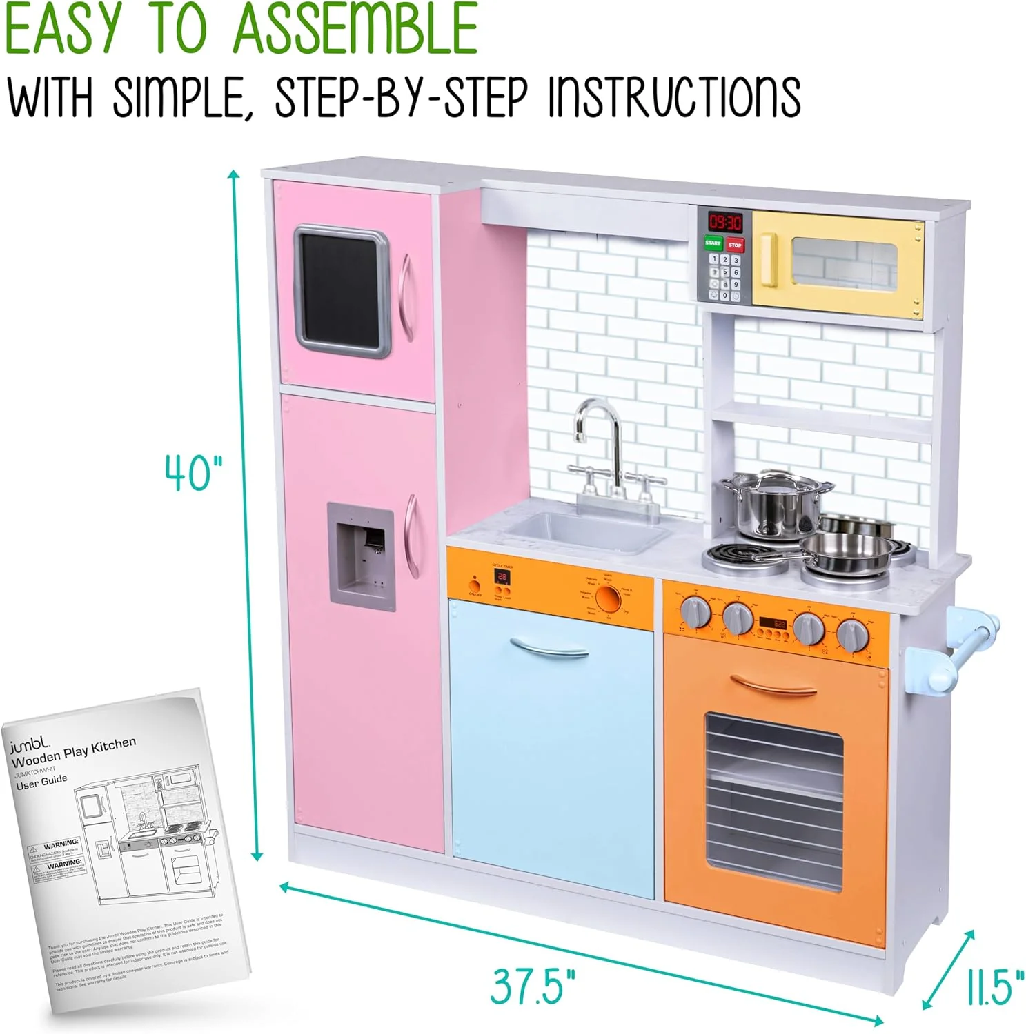 Lil' Jumbl Kids Kitchen Set, Pretend Wooden Play Kitchen, Battery Operated Icemaker & Microwave with Realistic Sound, Pots & Pan Included - Colorful - Image 5
