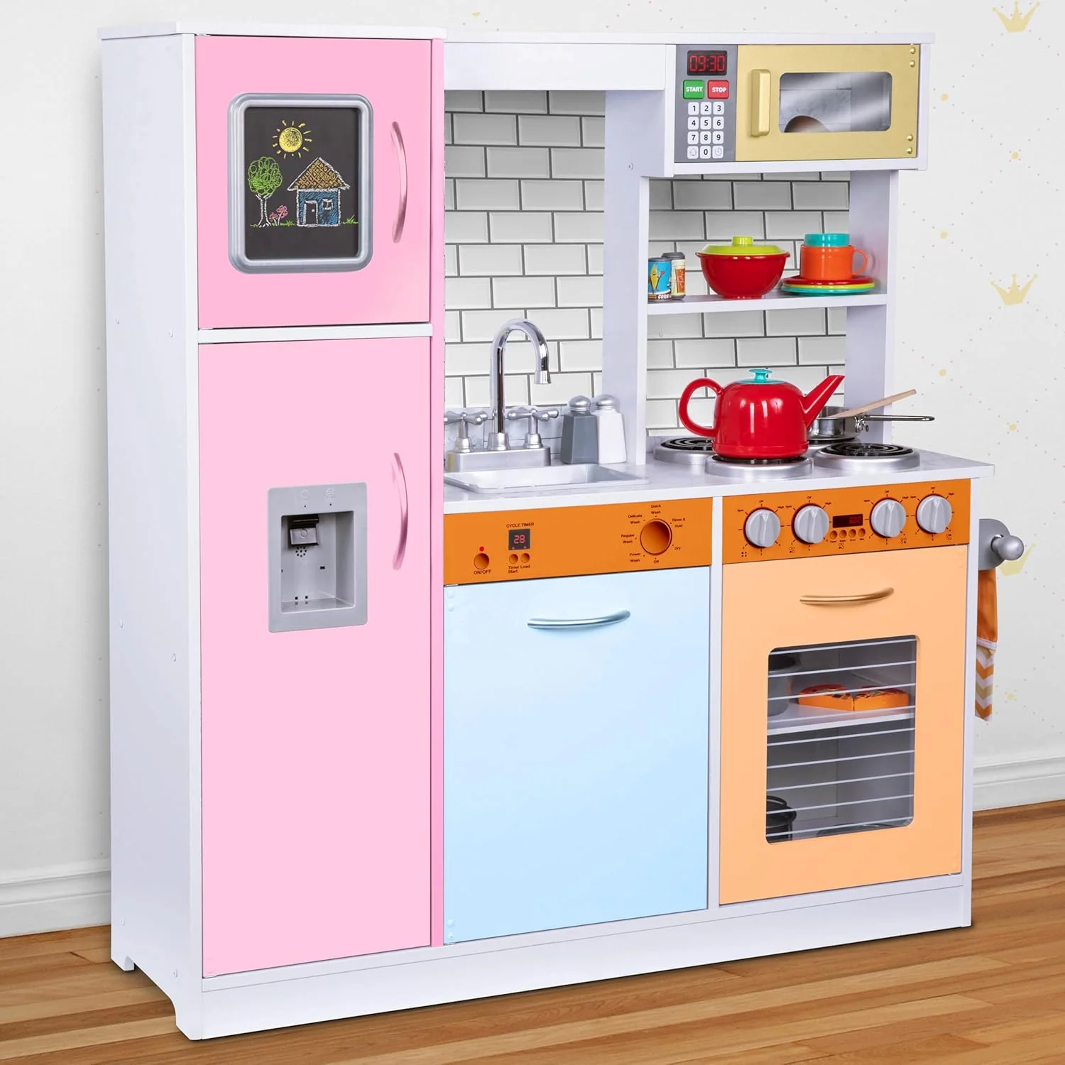 Lil' Jumbl Kids Kitchen Set, Pretend Wooden Play Kitchen, Battery Operated Icemaker & Microwave with Realistic Sound, Pots & Pan Included - Colorful - Image 6