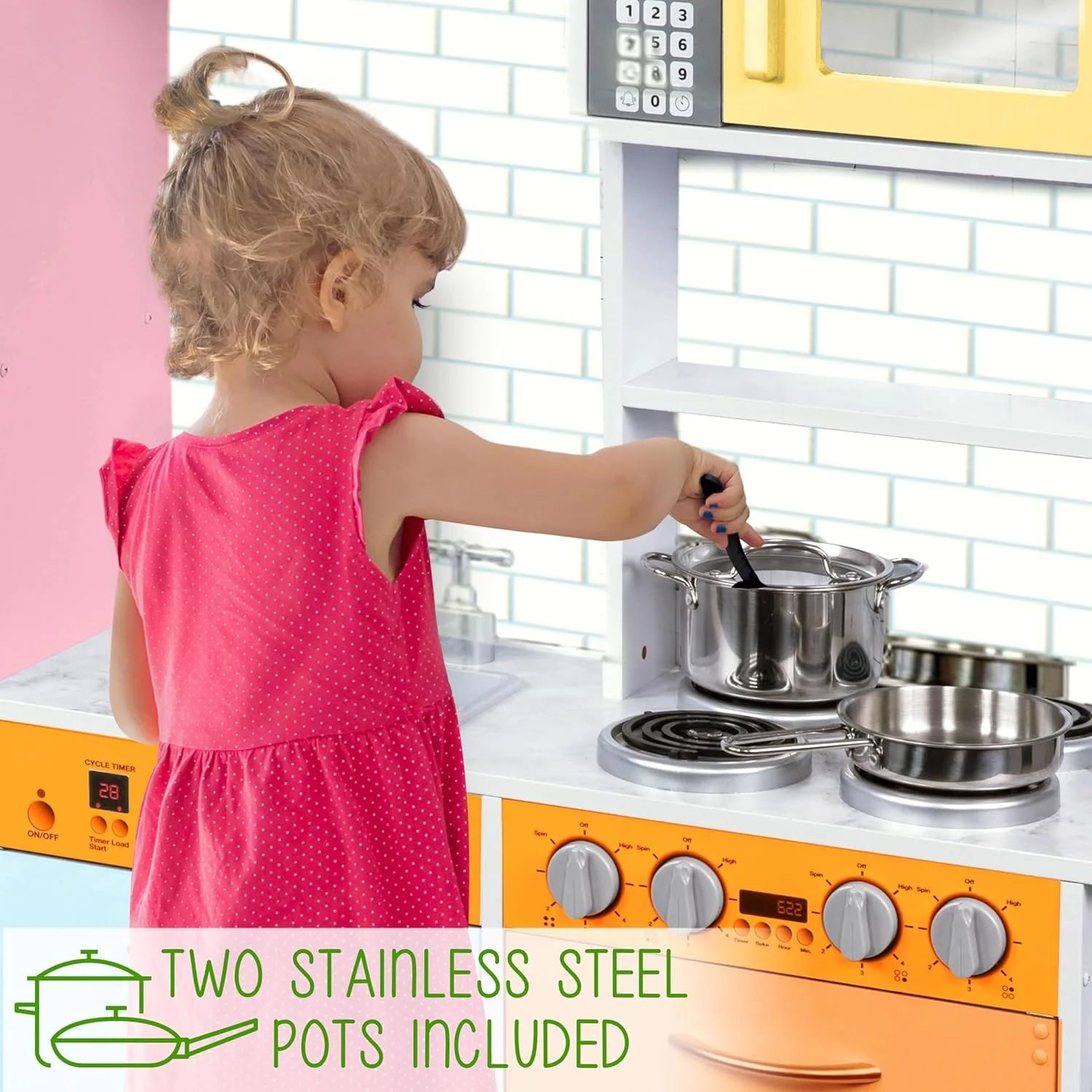 Lil' Jumbl Kids Kitchen Set, Pretend Wooden Play Kitchen, Battery Operated Icemaker & Microwave with Realistic Sound, Pots & Pan Included - Colorful - Image 7