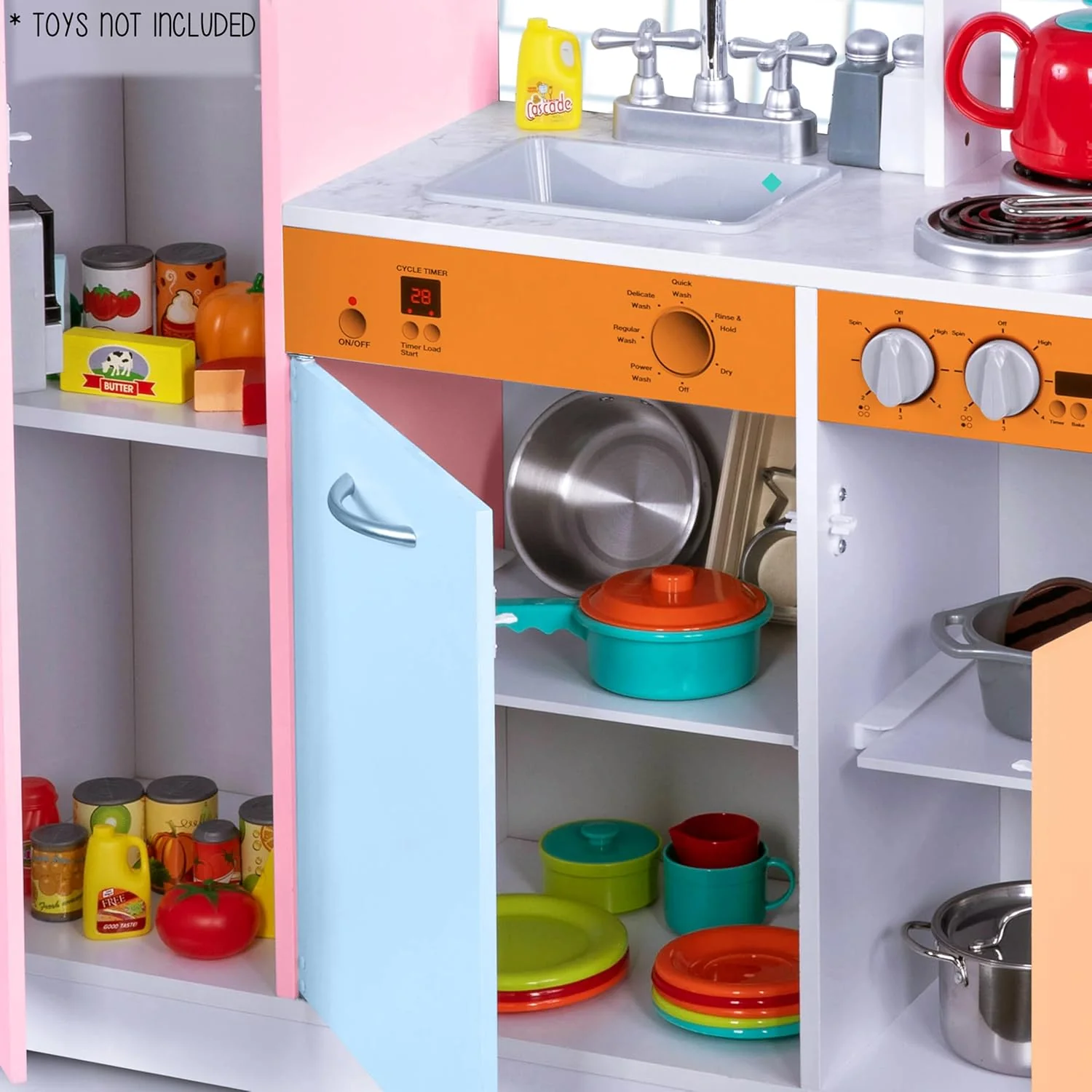 Lil' Jumbl Kids Kitchen Set, Pretend Wooden Play Kitchen, Battery Operated Icemaker & Microwave with Realistic Sound, Pots & Pan Included - Colorful - Image 8