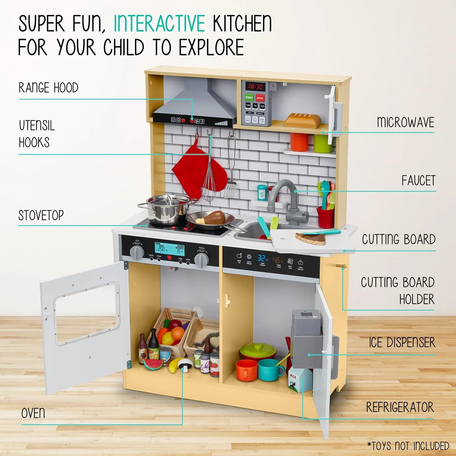 Lil' Jumbl Small Kids Kitchen Playset, Pretend Kids Wooden Kitchen with Stovetop, Oven & More - Image 13