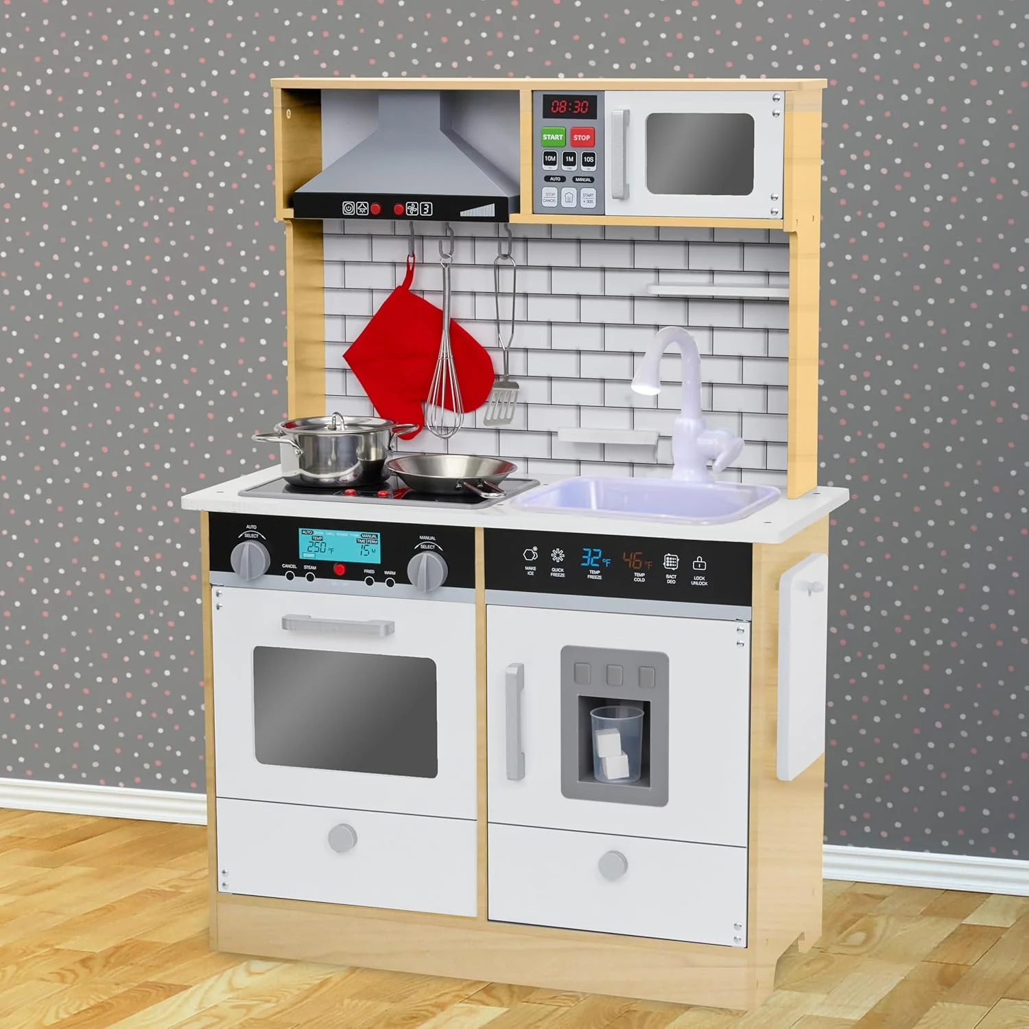 Lil' Jumbl Small Kids Kitchen Playset, Pretend Kids Wooden Kitchen with Stovetop, Oven & More - Image 14