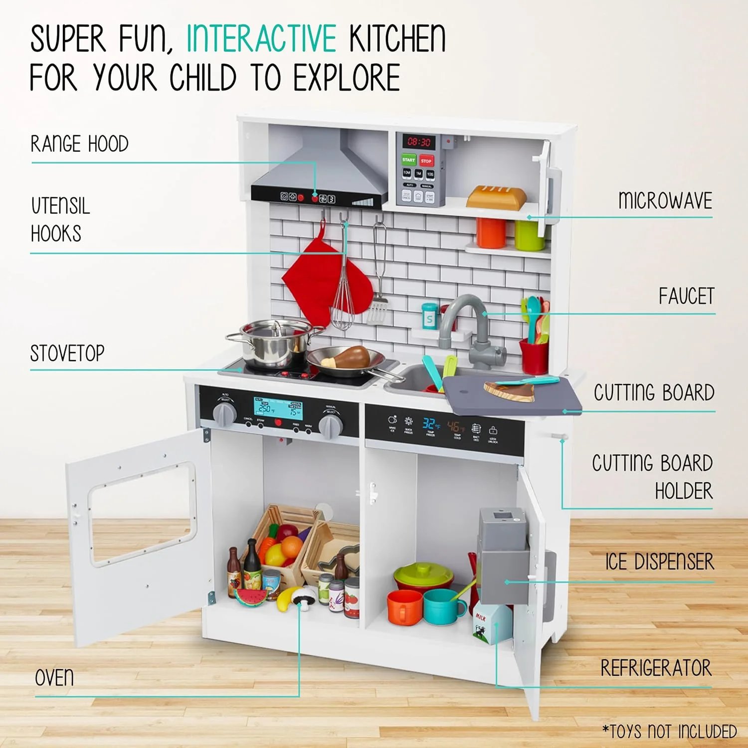 Lil' Jumbl Small Kids Kitchen Playset, Pretend Kids Wooden Kitchen with Stovetop, Oven & More - Image 20