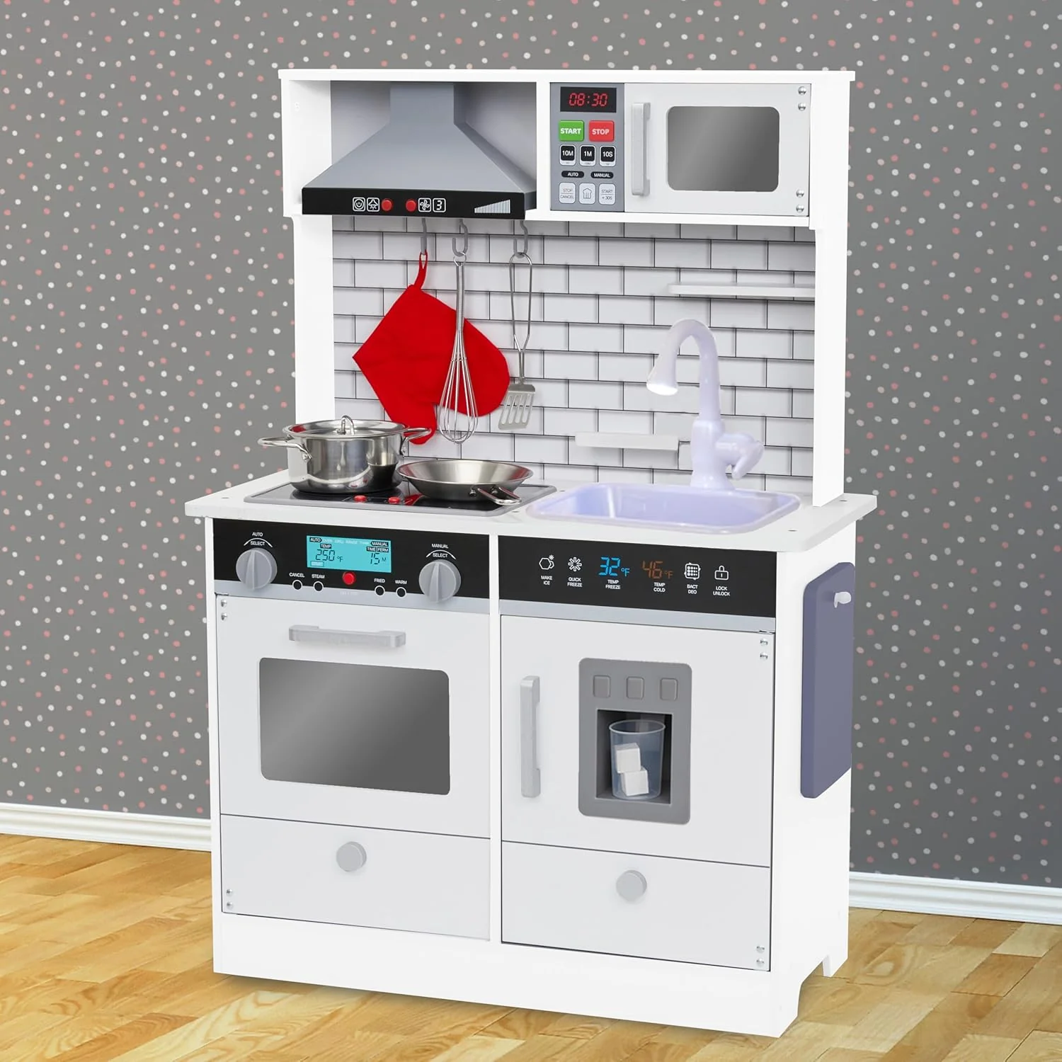 Lil' Jumbl Small Kids Kitchen Playset, Pretend Kids Wooden Kitchen with Stovetop, Oven & More - Image 21