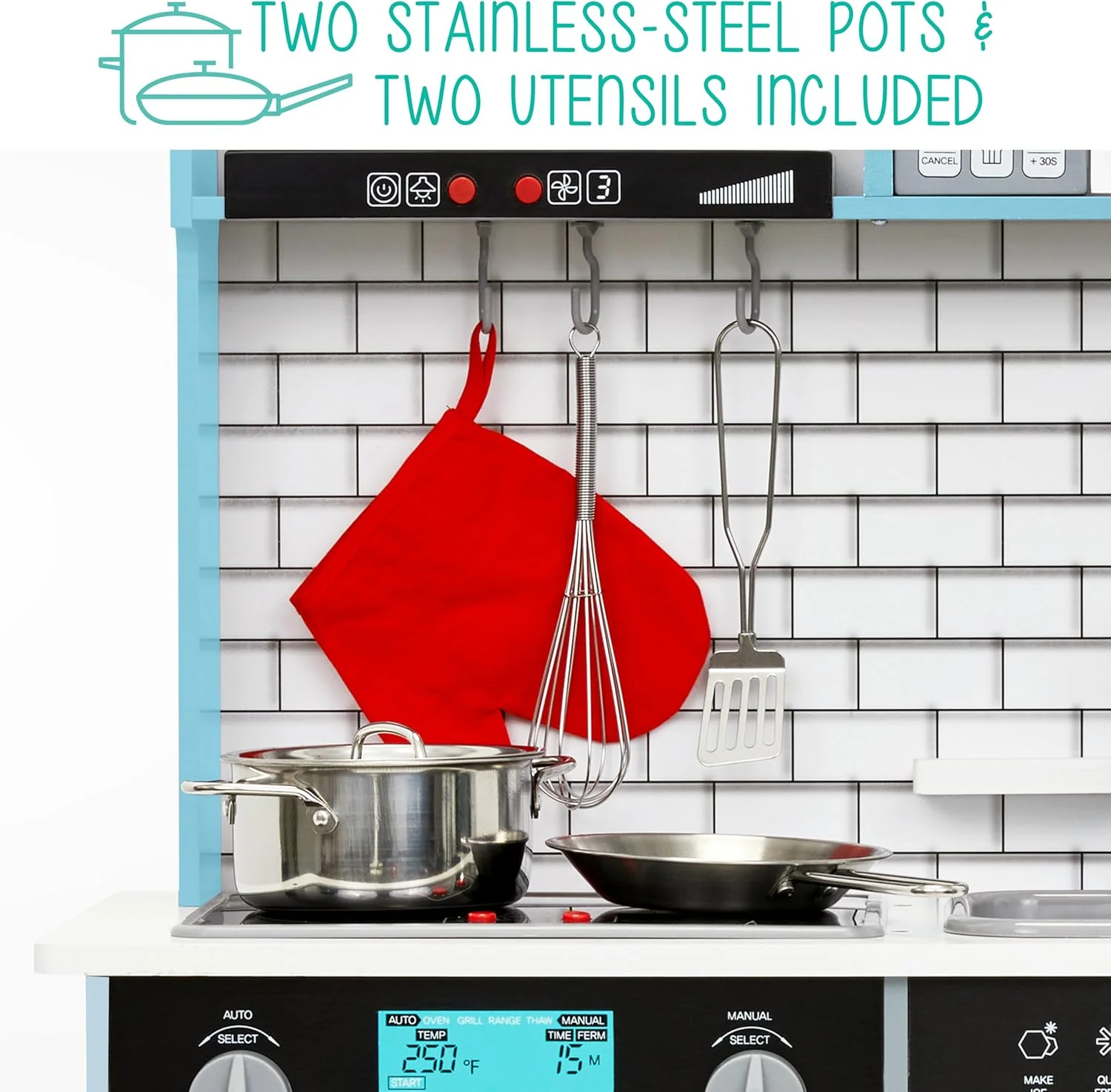 Lil' Jumbl Small Kids Kitchen Playset, Pretend Kids Wooden Kitchen with Stovetop, Oven & More - Image 4