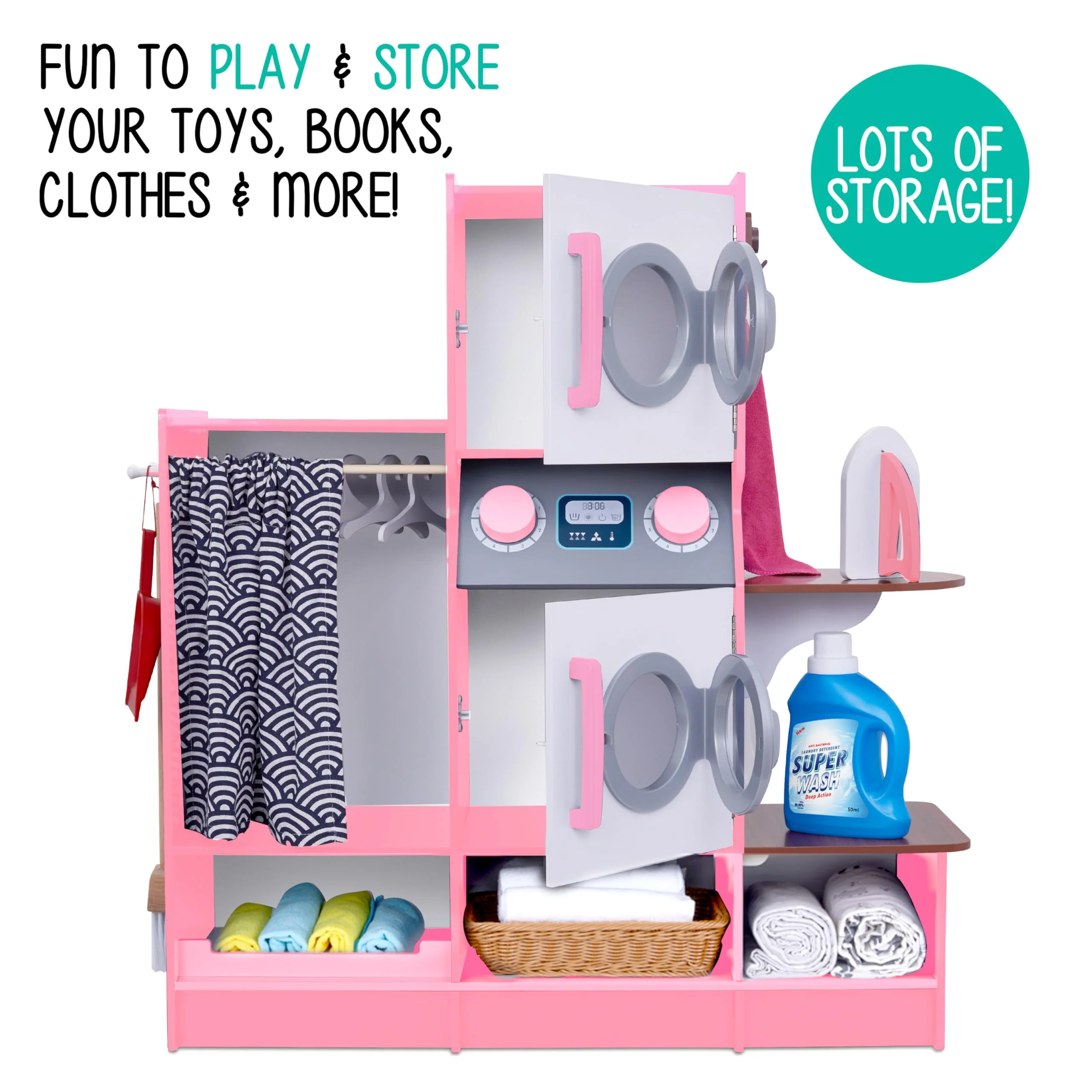 Lil' Jumbl Kids Washer and Dryer Playset, Wooden Pretend Laundry Play Set for Kids - Pink - Image 5
