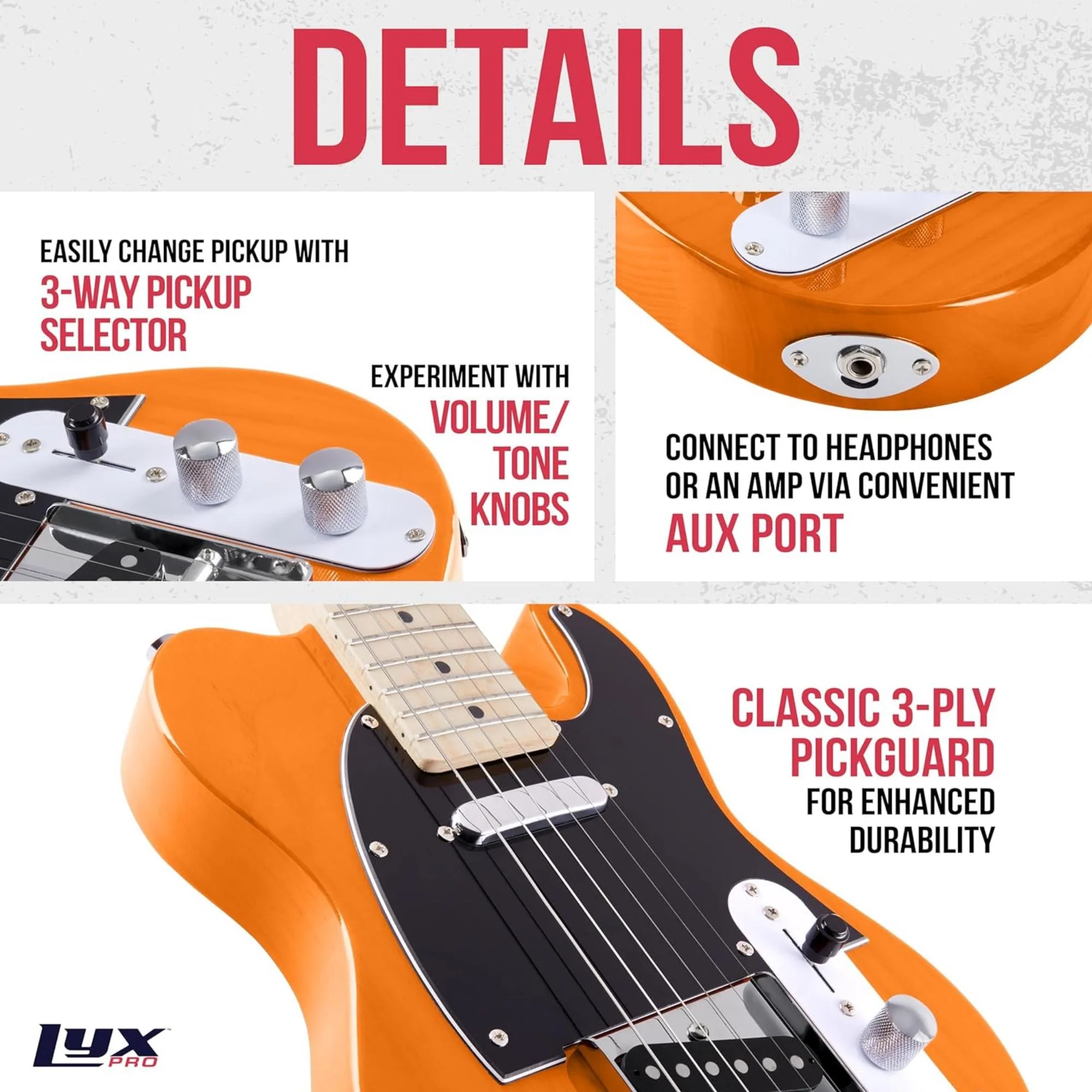 LyxPro 30” Electric Guitar TL Series, Solid Body Guitar W/3-Way Switch & Tone Controls - Mahogany - Image 3
