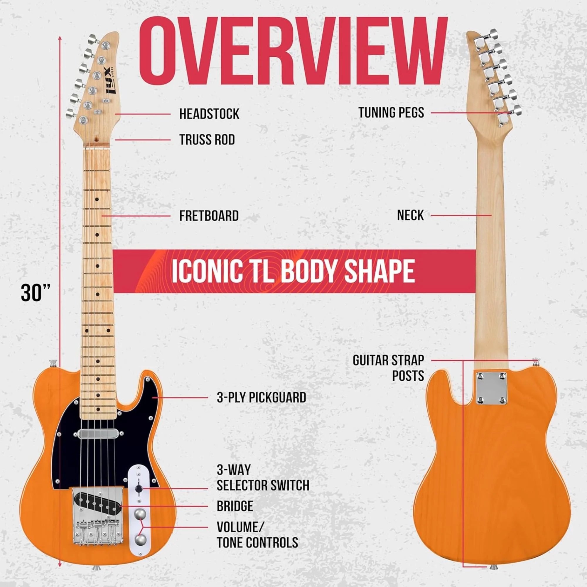 LyxPro 30” Electric Guitar TL Series, Solid Body Guitar W/3-Way Switch & Tone Controls - Mahogany - Image 7