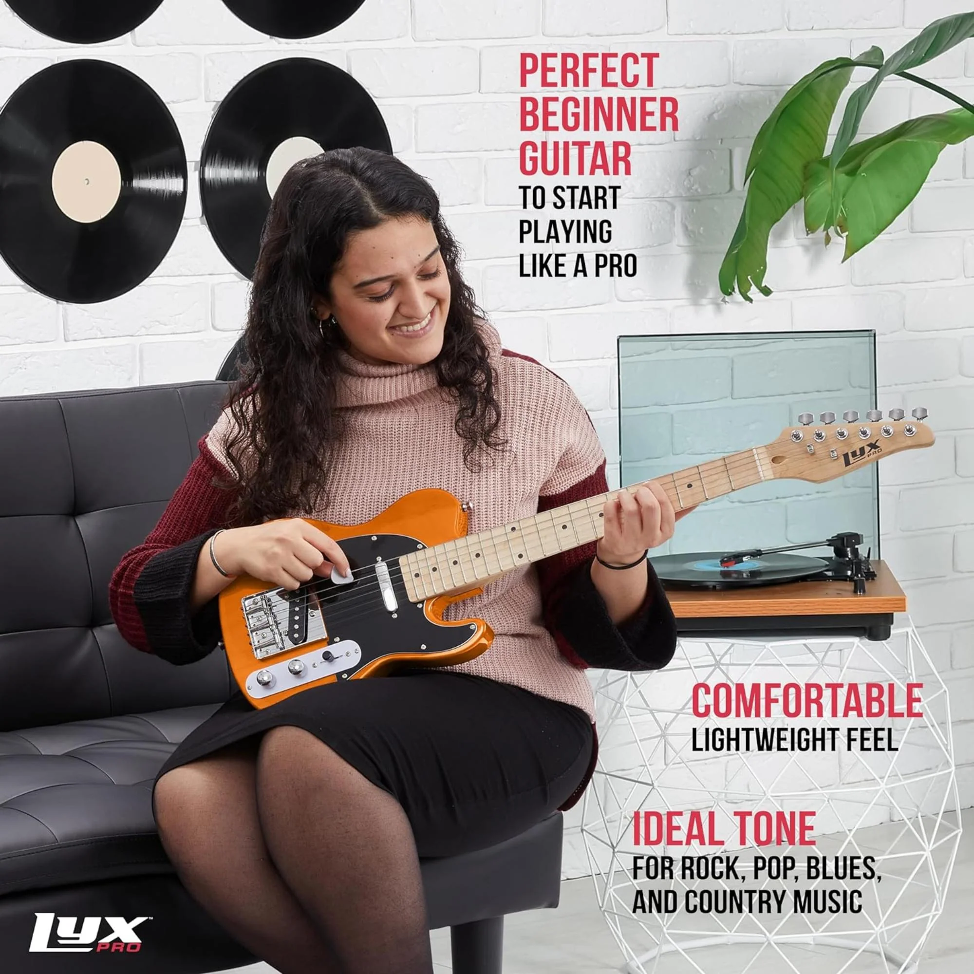 LyxPro 30” Electric Guitar TL Series, Solid Body Guitar W/3-Way Switch & Tone Controls - Mahogany - Image 9