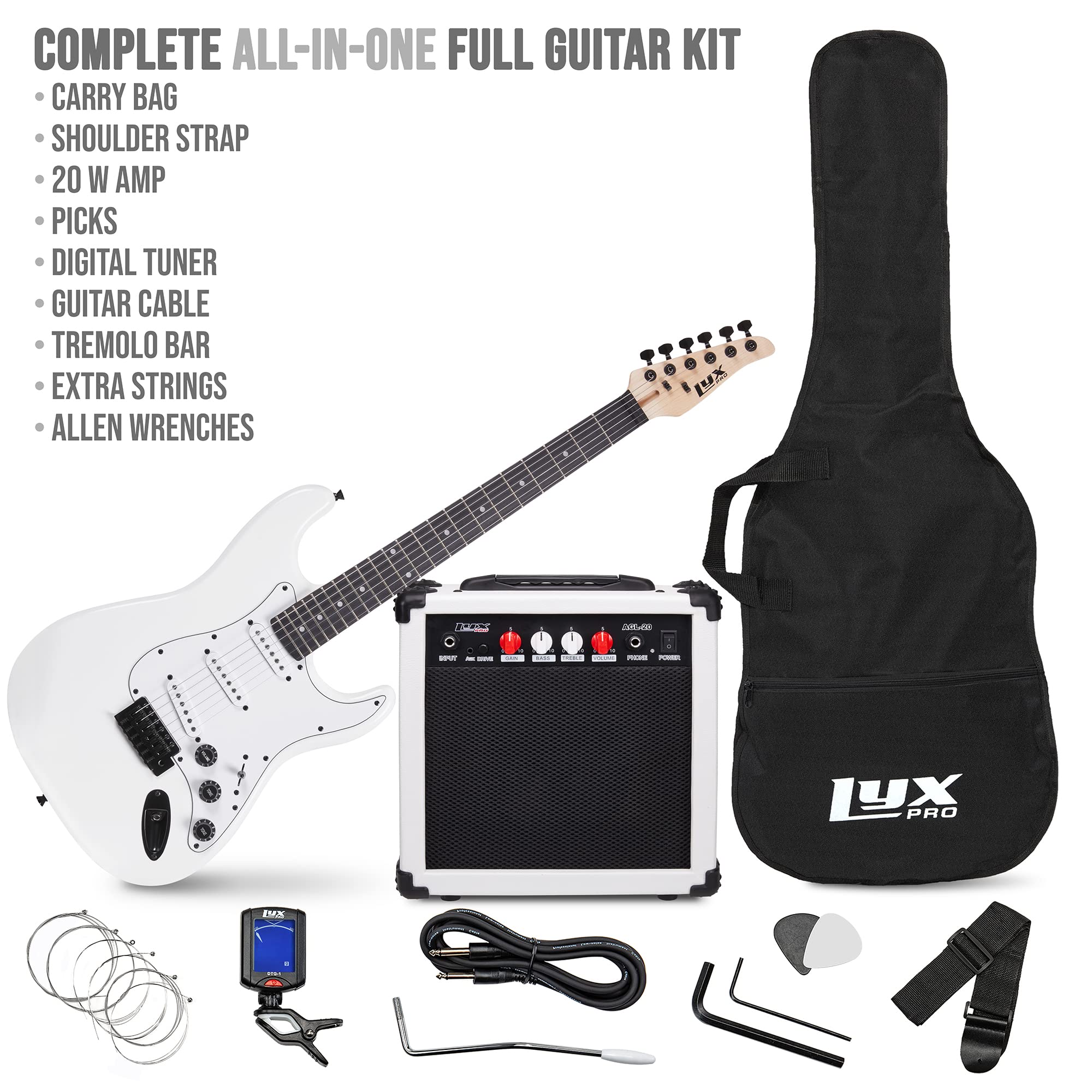Beginner Full-Sized 39” Electric Guitar Kit & Started Set Accessories - White - Image 2