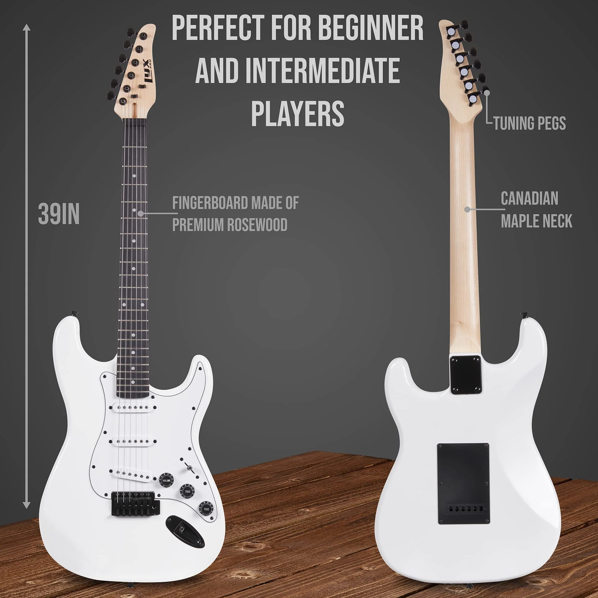 Beginner Full-Sized 39” Electric Guitar Kit & Started Set Accessories - White - Image 3