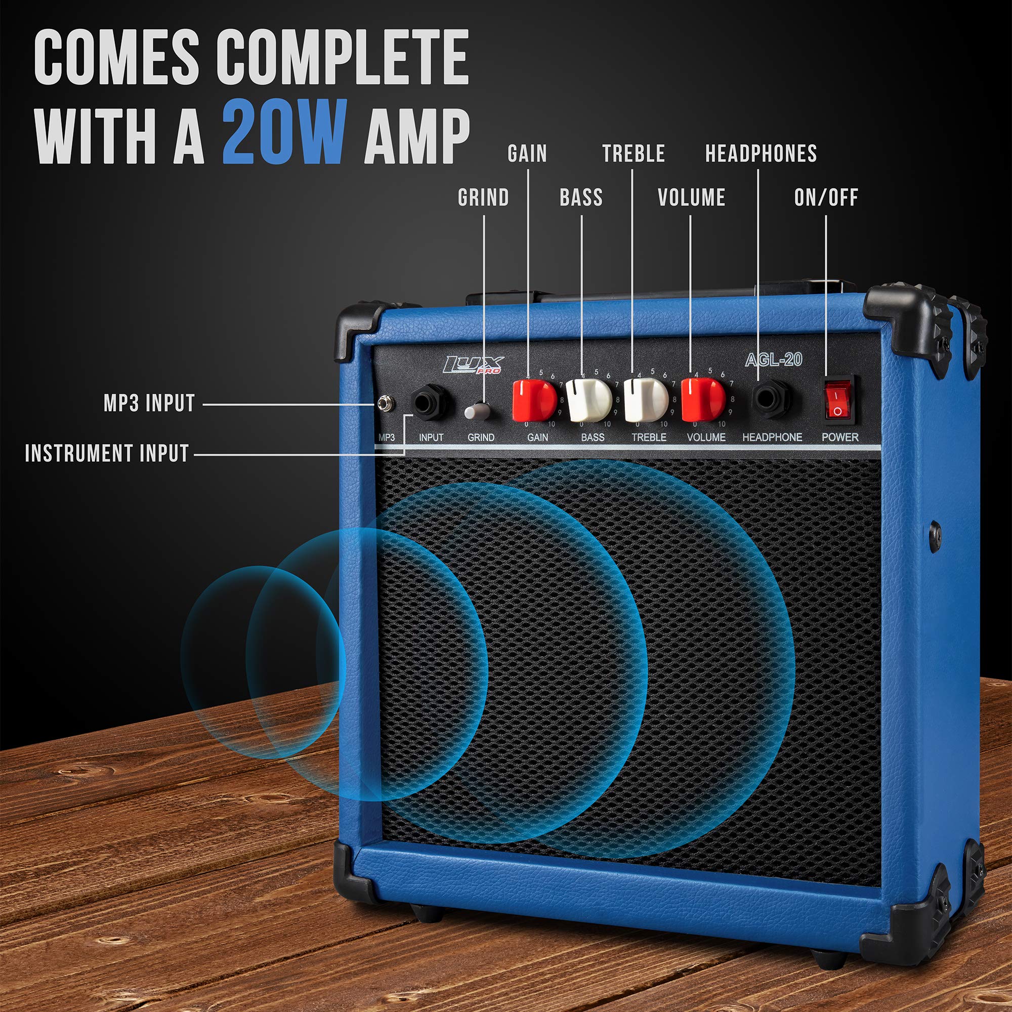 Beginner Full-Sized 39” Electric Guitar Kit & Started Set Accessories - Blue - Image 6
