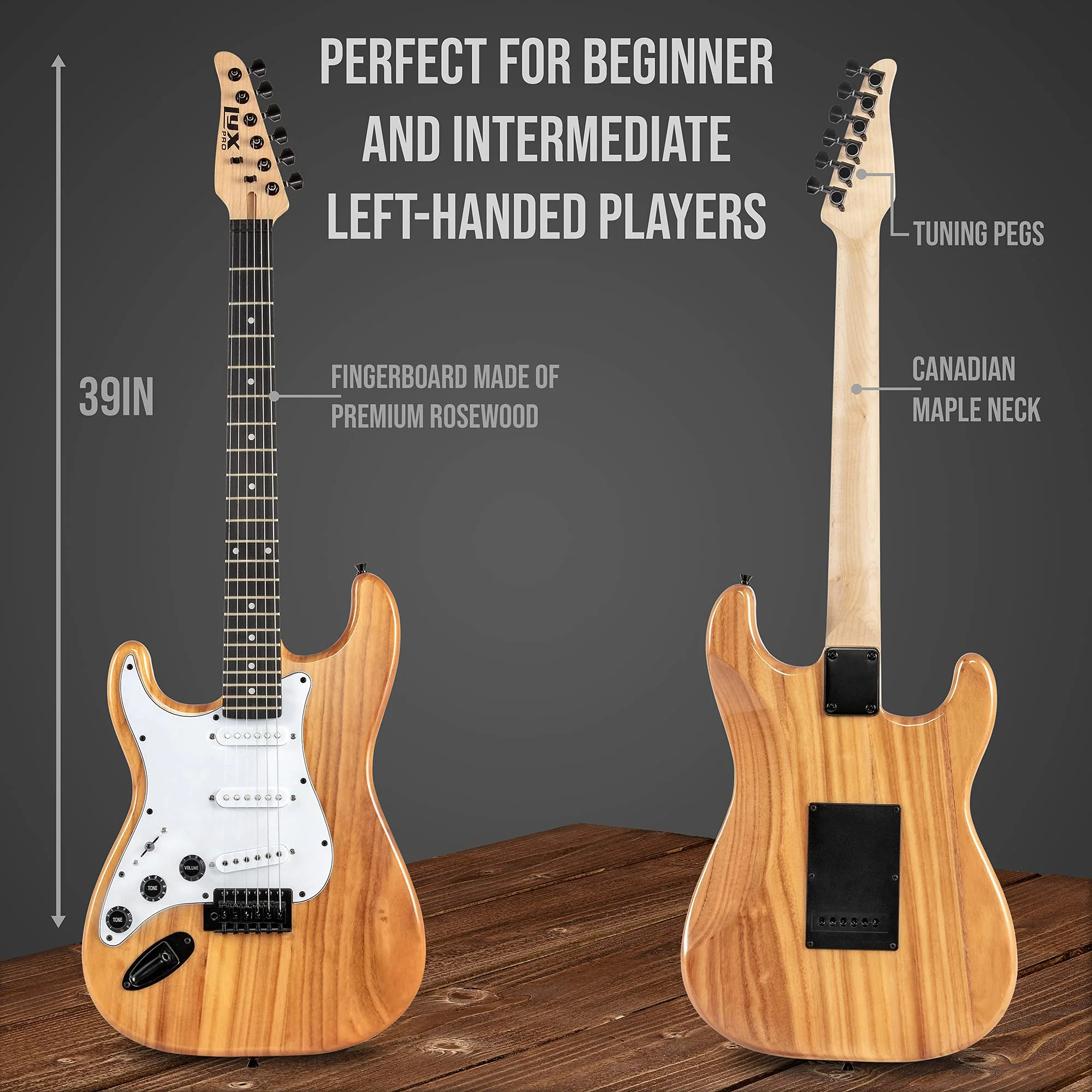Beginner Full-Sized 39" Electric Guitar Kit & Started Set Accessories - Left Handed Natural - Image 3