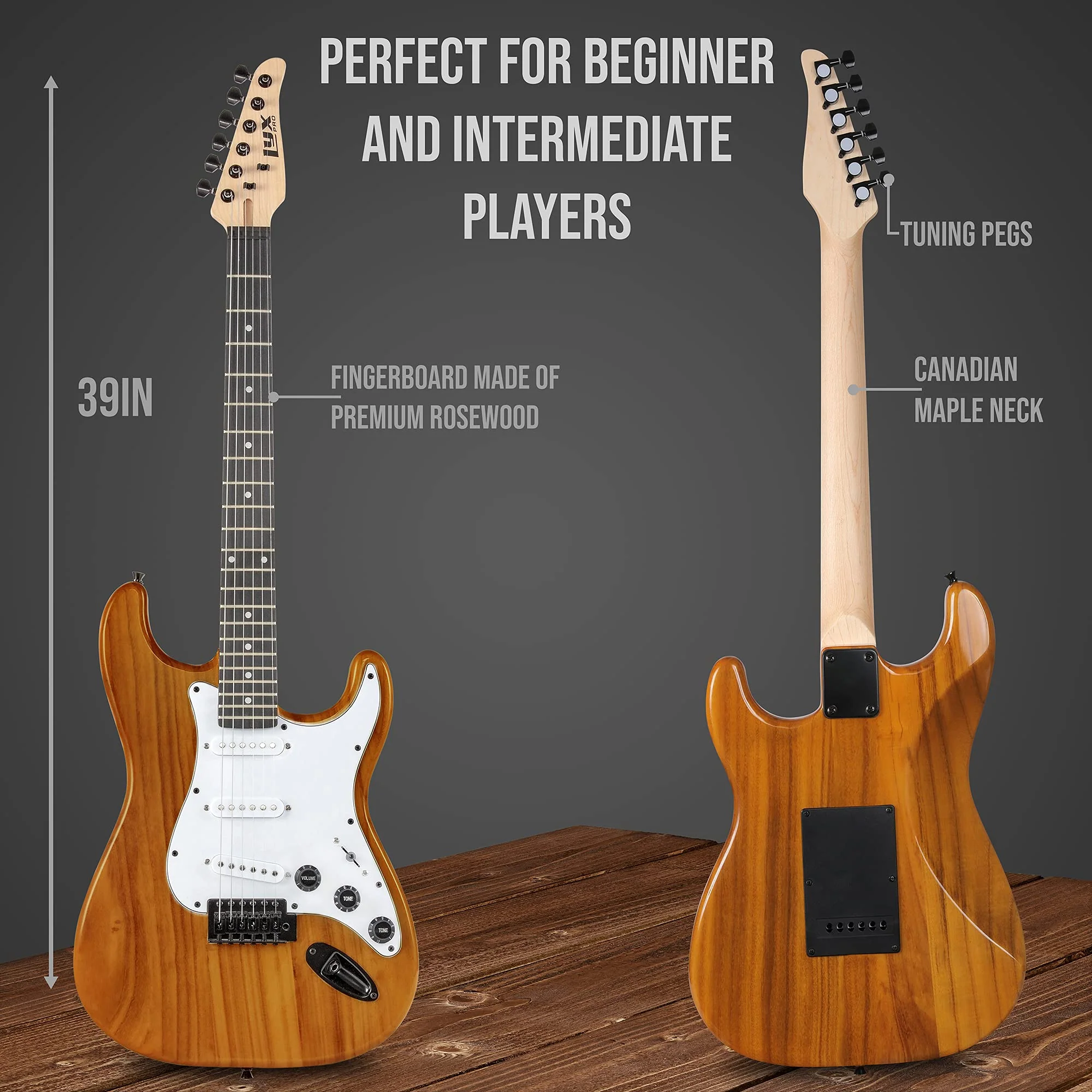 Beginner Full-Sized 39” Electric Guitar Kit & Started Set Accessories - Mahogany - Image 3