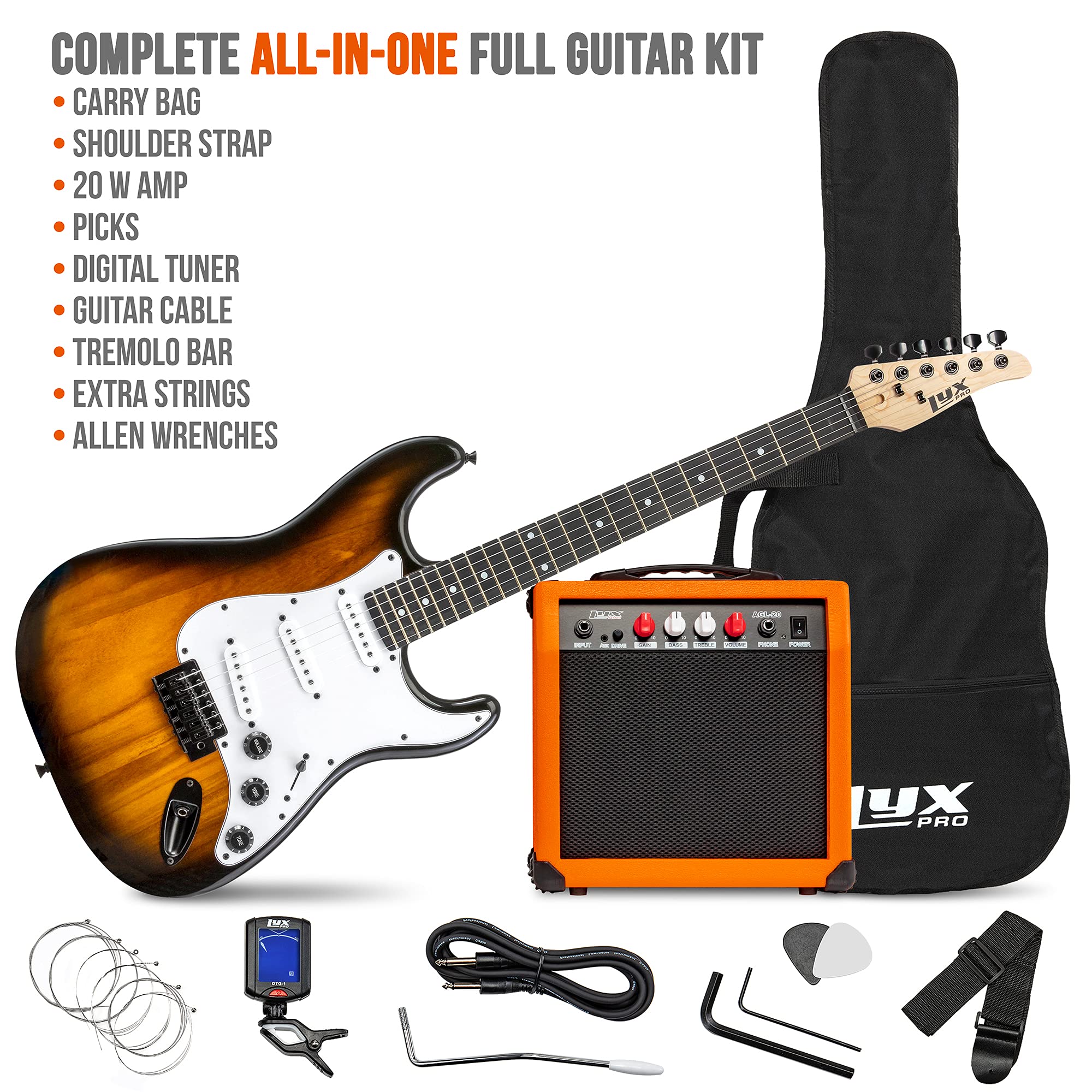 Beginner Full-Sized 39” Electric Guitar Kit & Started Set Accessories - Sunburst - Image 2