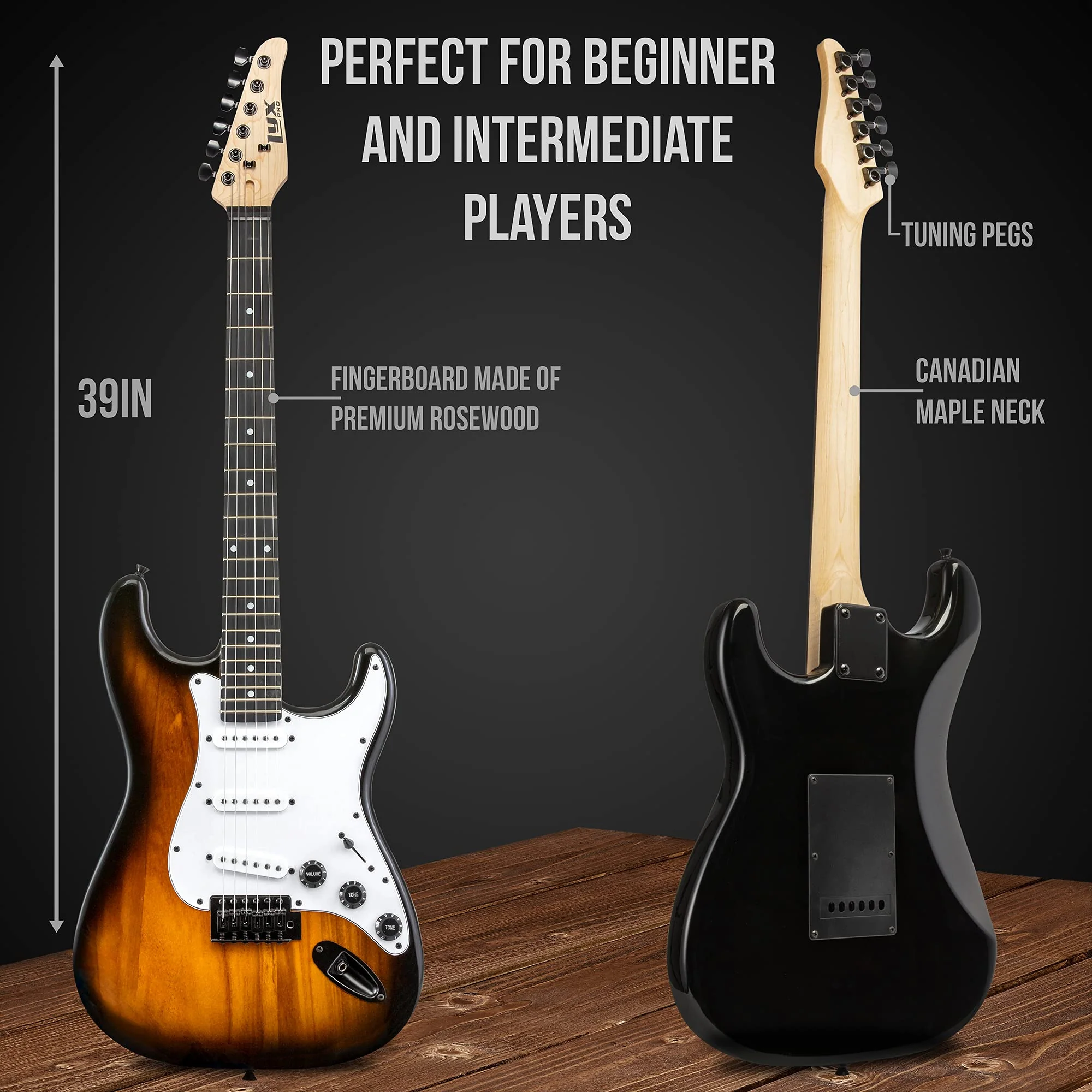 Beginner Full-Sized 39” Electric Guitar Kit & Started Set Accessories - Sunburst - Image 3