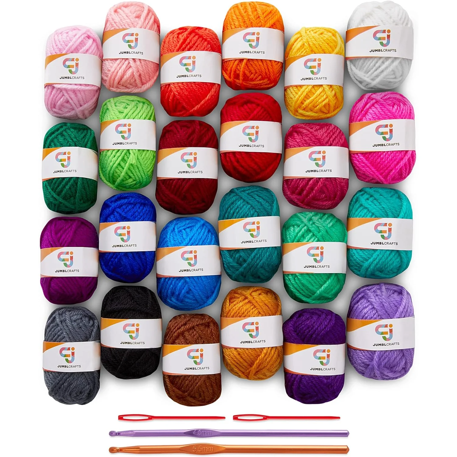 JumblCrafts Mini 24-Yarn Starter Crocheting Kit with 24 Skeins, 2 Crochet Hooks & 2 Weaving Needles - Image 2