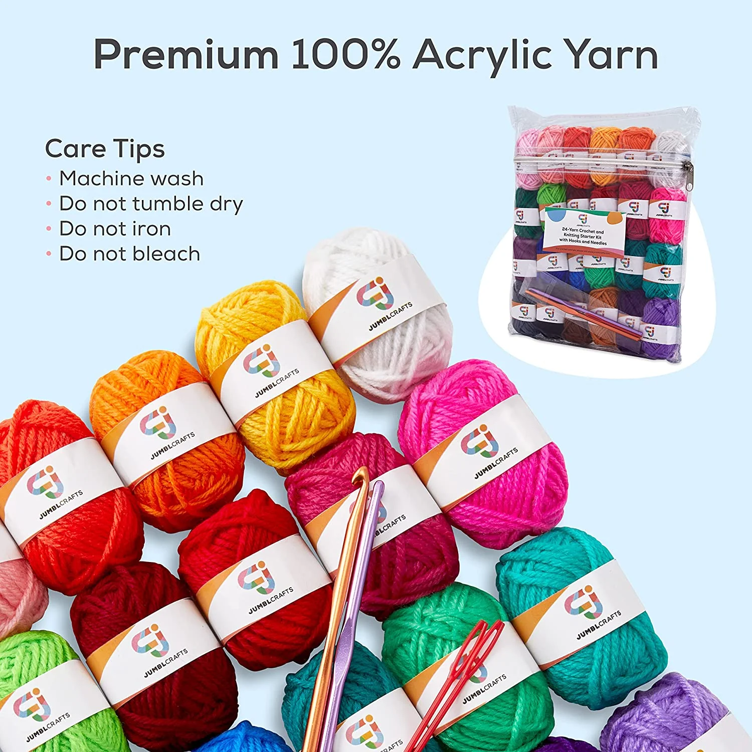 JumblCrafts Mini 24-Yarn Starter Crocheting Kit with 24 Skeins, 2 Crochet Hooks & 2 Weaving Needles - Image 4