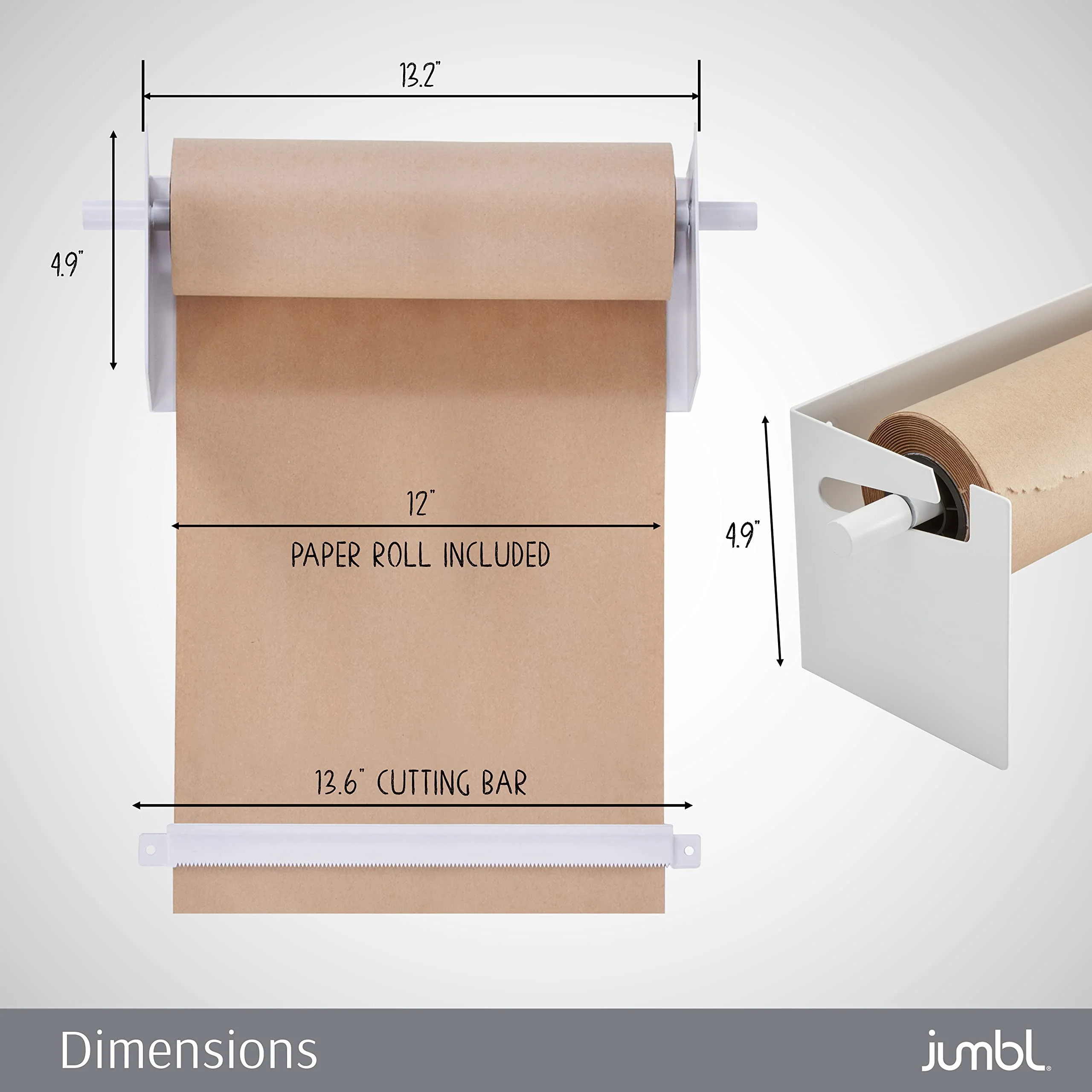 Jumbl Kraft Paper Wall Dispenser, 12" Wall Mounted Paper Roll Dispenser with Paper Cutter (White) - Image 3