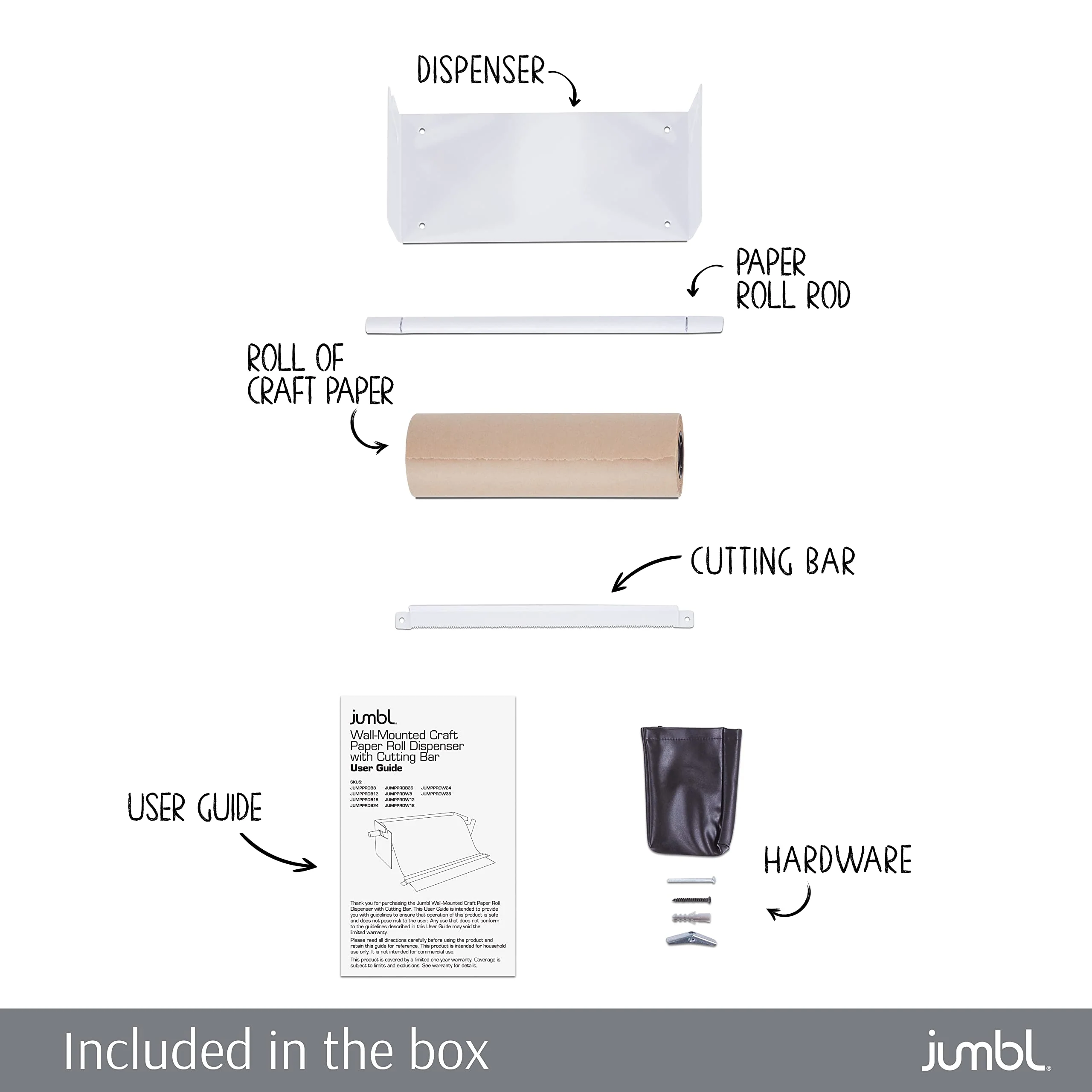 Jumbl Kraft Paper Wall Dispenser, 12" Wall Mounted Paper Roll Dispenser with Paper Cutter (White) - Image 5