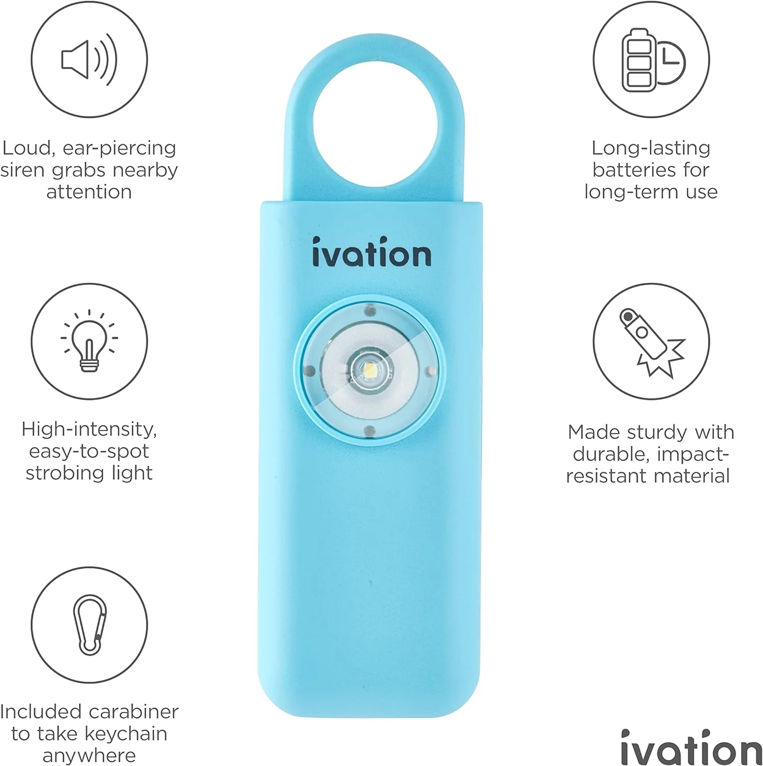 Ivation Personal SOS Keychain Alarm, Rechargeable Personal Alarm with LED Panic Strobe Light - Image 2