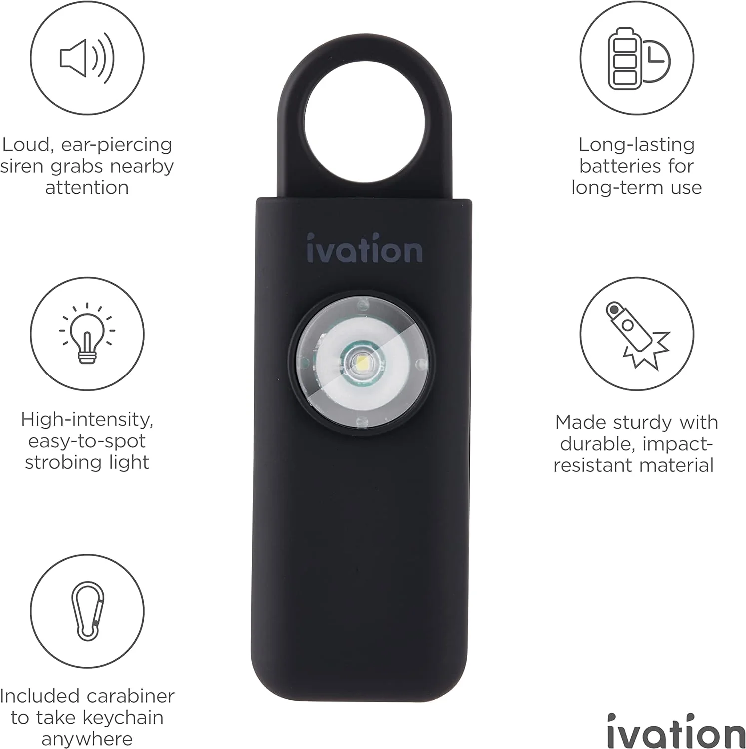 Ivation Personal SOS Keychain Alarm, Rechargeable Personal Alarm with LED Panic Strobe Light - Image 9