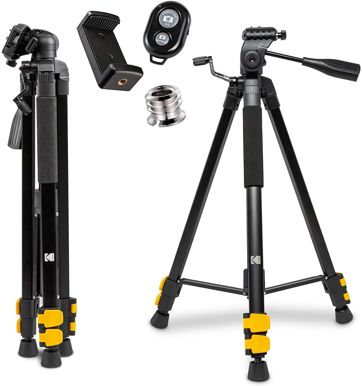 Kodak PhotoGear 62" Tripod with Remote | Compact 3-Section Flip-Lock Aluminum Tripod Adjusts 22"-62", QuickRelease Plate, Smartphone Adapter & 1/4" to 3/8" Screw, Bubble Level - Image 2