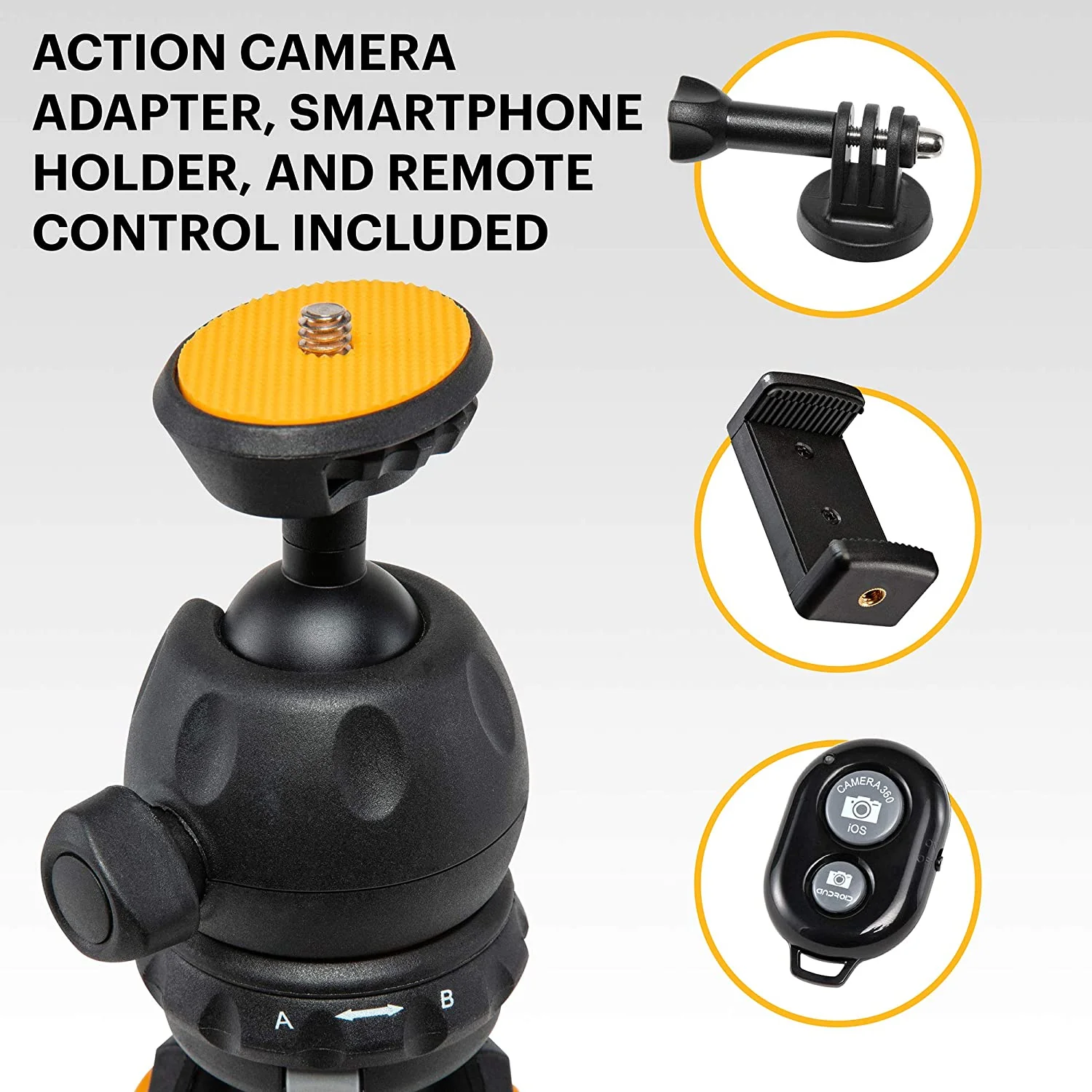 Kodak PhotoGear Mini 9" Adjustable Tripod with Remote, 360° Ball Head, 11” Selfie Stick, 5-Position Legs, Rubber Feet, Smartphone & Action Camera Adapters - Image 7