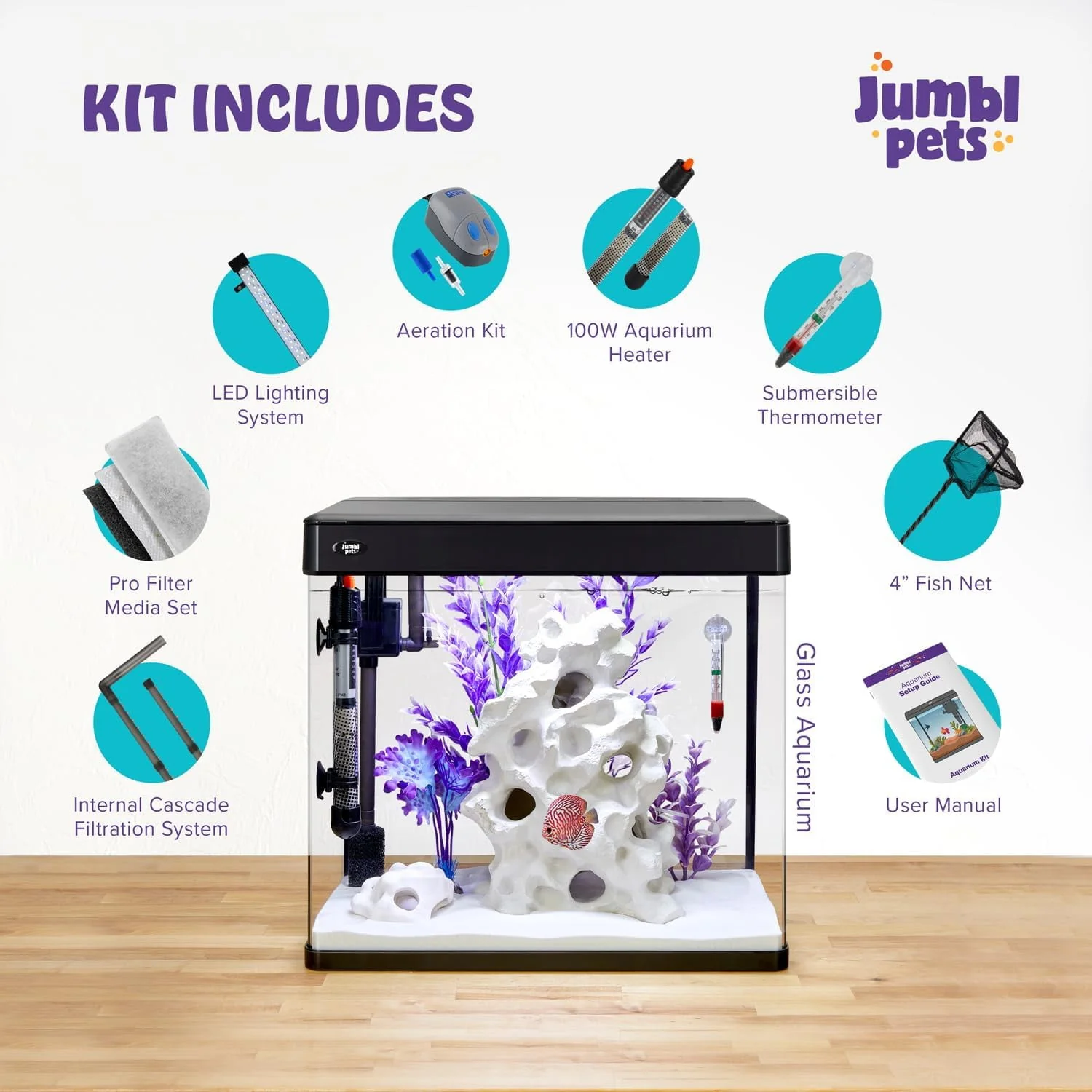 JumblPets Premium Fish Aquarium Kit, Complete Glass Fish Tank Kit w/LED Lighting & More (12 Gallon) - Image 2