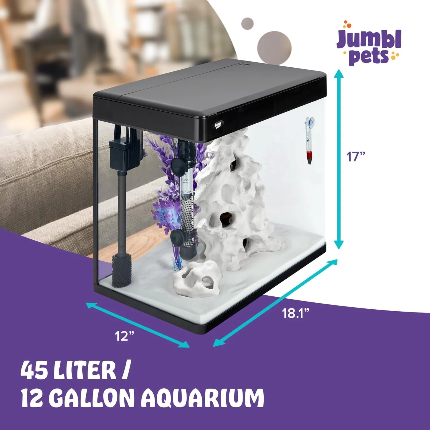 JumblPets Premium Fish Aquarium Kit, Complete Glass Fish Tank Kit w/LED Lighting & More (12 Gallon) - Image 4