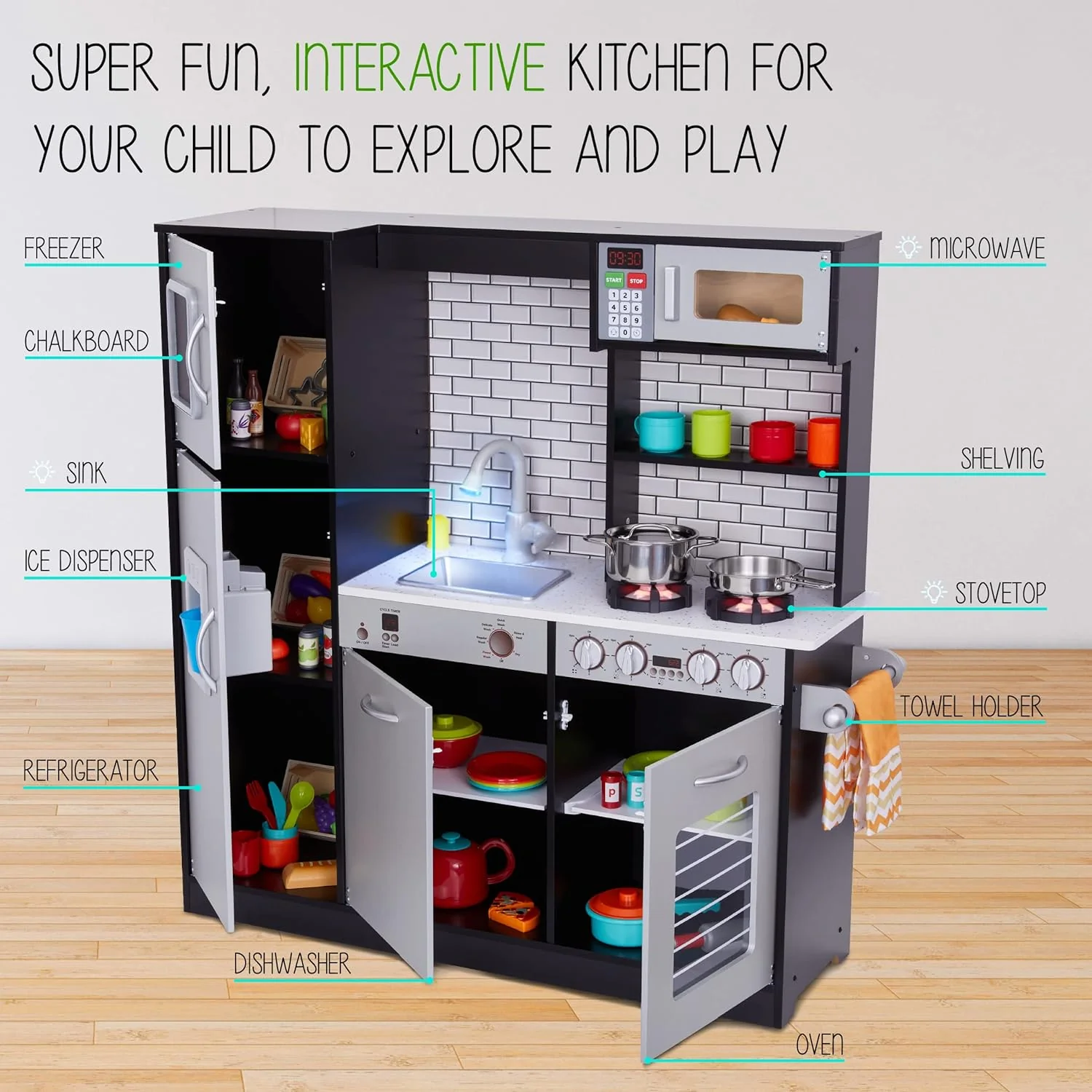 Premium Kids Kitchen Set, Wooden Pretend Play Kitchen W/Sounds & Accessories - Charcoal - Image 3