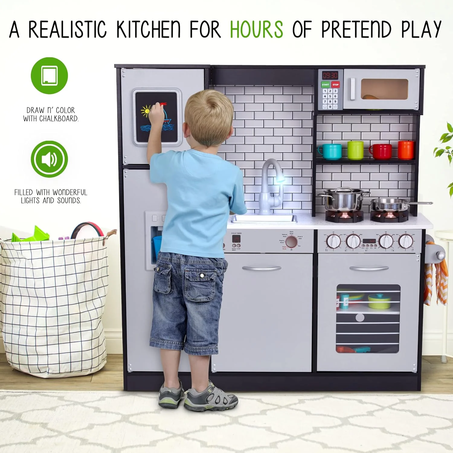 Premium Kids Kitchen Set, Wooden Pretend Play Kitchen W/Sounds & Accessories - Charcoal - Image 7