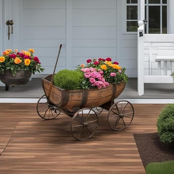 Rustic Whiskey Barrel Wagon Planter with Handle and Drainage Hole