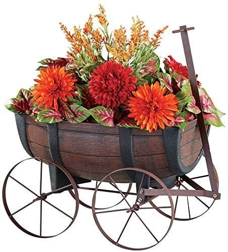 Rustic Whiskey Barrel Wagon Planter with Handle and Drainage Hole - Image 10