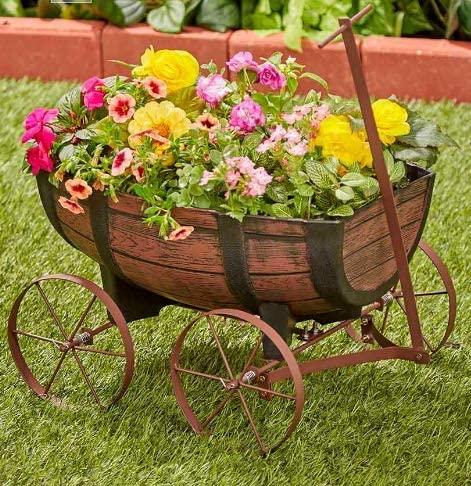 Rustic Whiskey Barrel Wagon Planter with Handle and Drainage Hole - Image 2