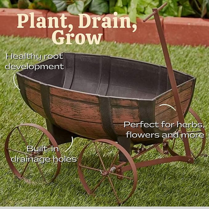 Rustic Whiskey Barrel Wagon Planter with Handle and Drainage Hole - Image 3