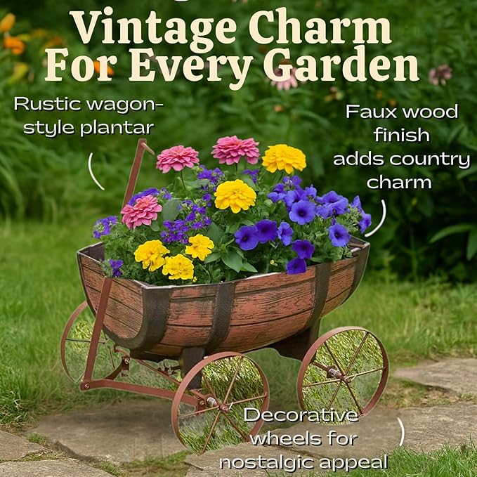 Rustic Whiskey Barrel Wagon Planter with Handle and Drainage Hole - Image 5