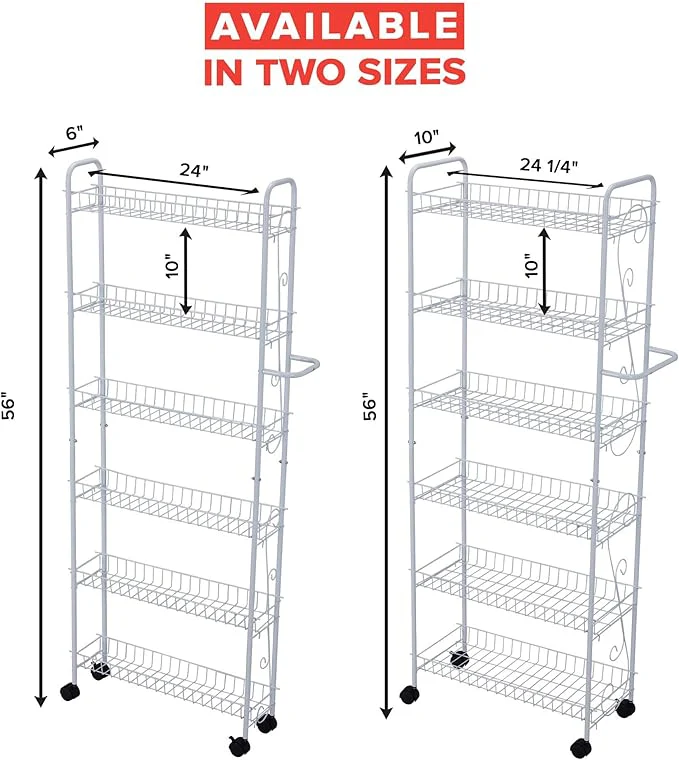SkyMall Slim Rolling 6-Tier Shelf, White Metal with Elegant Scroll Design Accent - Extra Kitchen and Bathroom Storage, 10" - Image 2