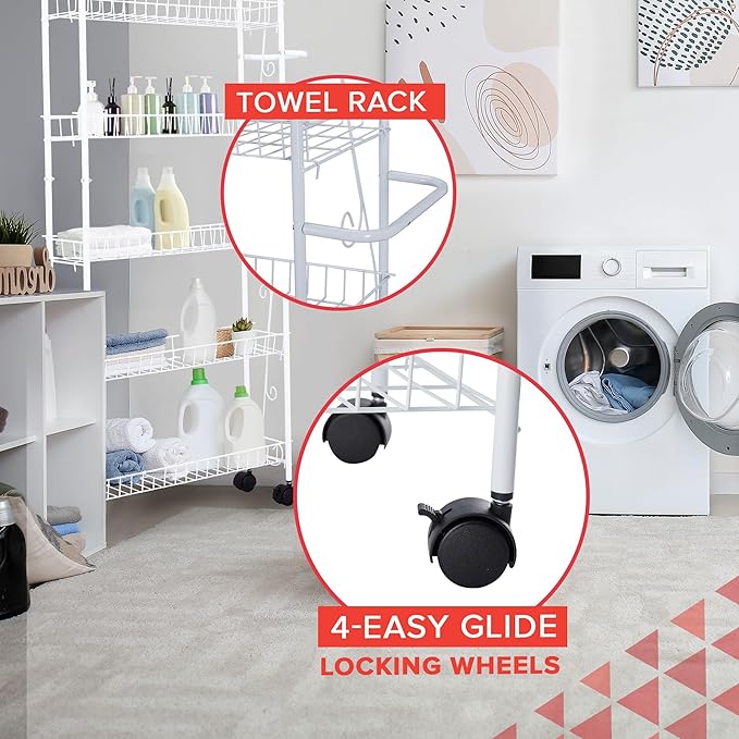 SkyMall Slim Rolling 6-Tier Shelf, White Metal with Elegant Scroll Design Accent - Extra Kitchen and Bathroom Storage, 10" - Image 3