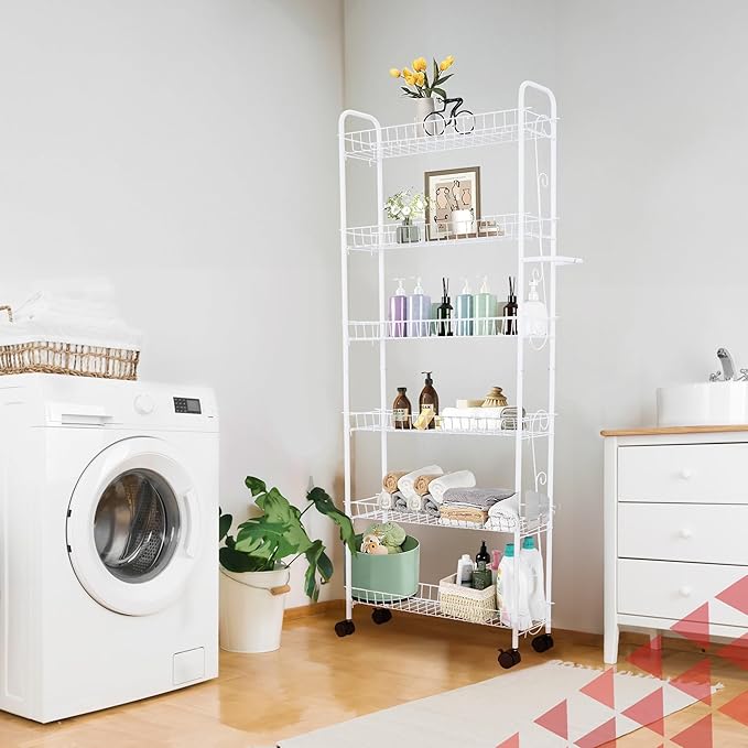 SkyMall Slim Rolling 6-Tier Shelf, White Metal with Elegant Scroll Design Accent - Extra Kitchen and Bathroom Storage, 10" - Image 4