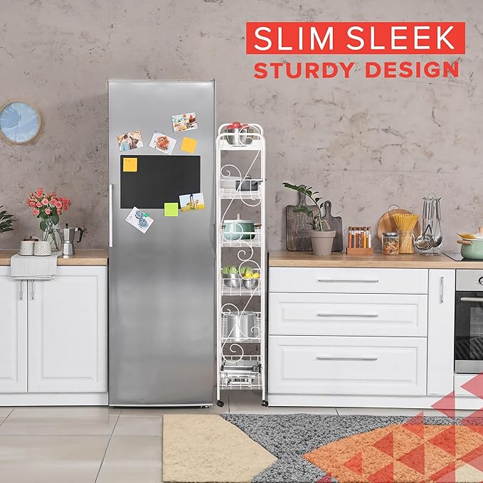 SkyMall Slim Rolling 6-Tier Shelf, White Metal with Elegant Scroll Design Accent - Extra Kitchen and Bathroom Storage, 10" - Image 5