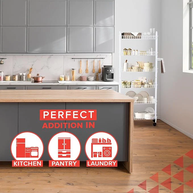 SkyMall Slim Rolling 6-Tier Shelf, White Metal with Elegant Scroll Design Accent - Extra Kitchen and Bathroom Storage, 10" - Image 6