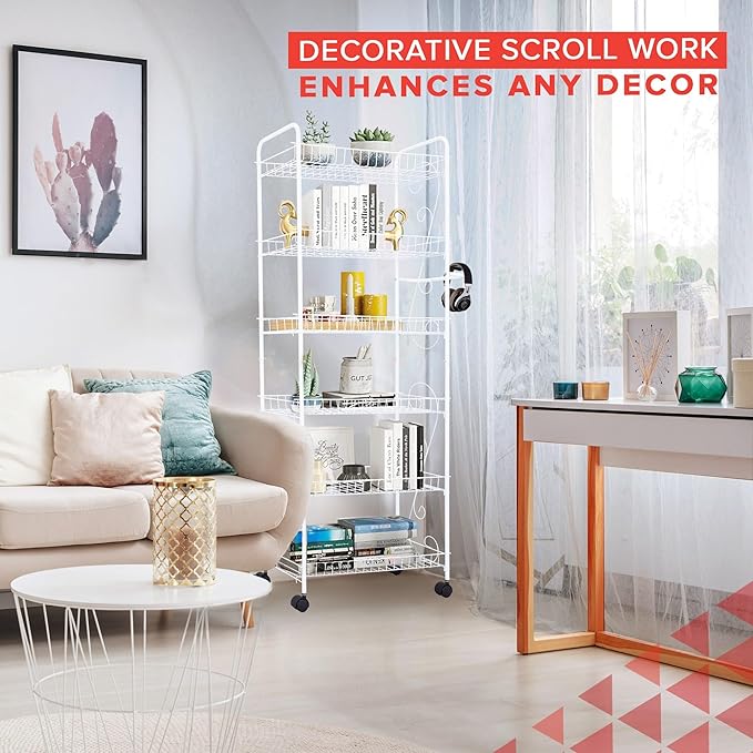 SkyMall Slim Rolling 6-Tier Shelf, White Metal with Elegant Scroll Design Accent - Extra Kitchen and Bathroom Storage, 10" - Image 8