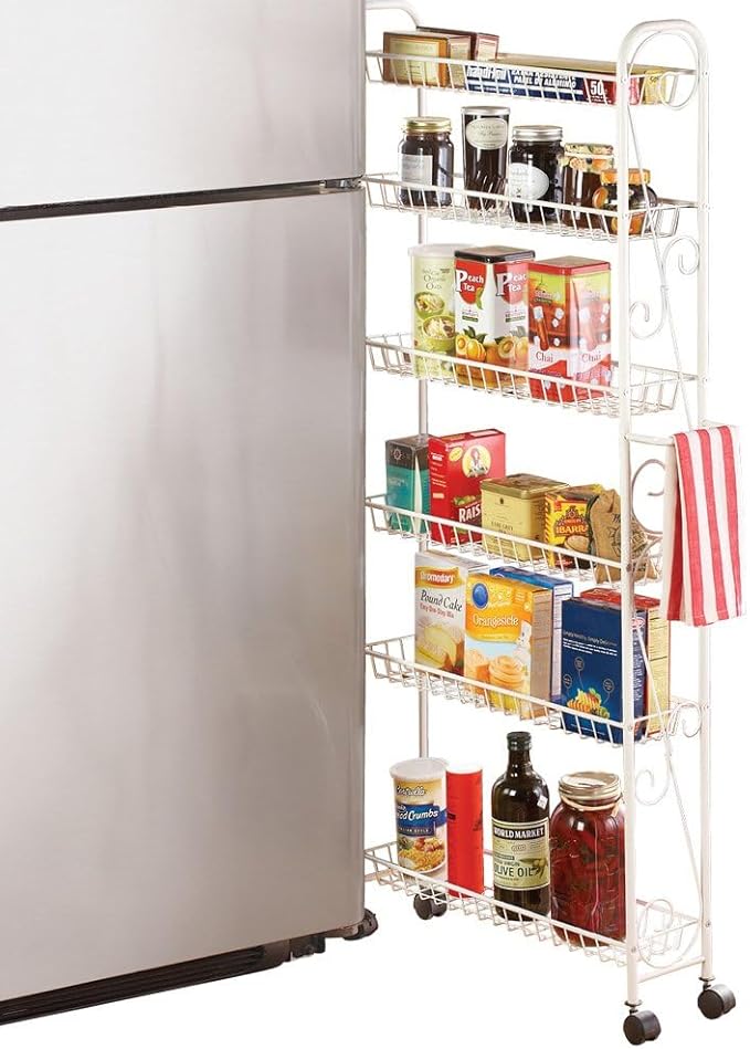 SkyMall Slim Rolling 6-Tier Shelf, White Metal with Elegant Scroll Design Accent - Extra Kitchen and Bathroom Storage, 6"