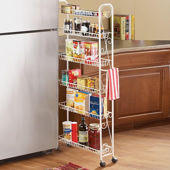 SkyMall Slim Rolling 6-Tier Shelf, White Metal with Elegant Scroll Design Accent - Extra Kitchen and Bathroom Storage, 6" - Image 2