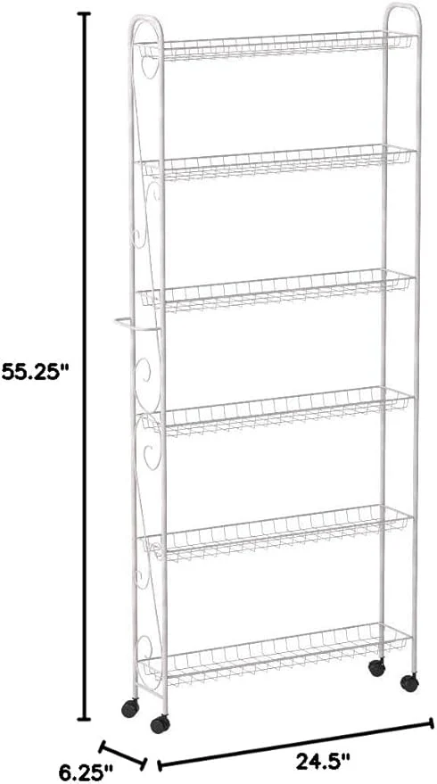 SkyMall Slim Rolling 6-Tier Shelf, White Metal with Elegant Scroll Design Accent - Extra Kitchen and Bathroom Storage, 6" - Image 3