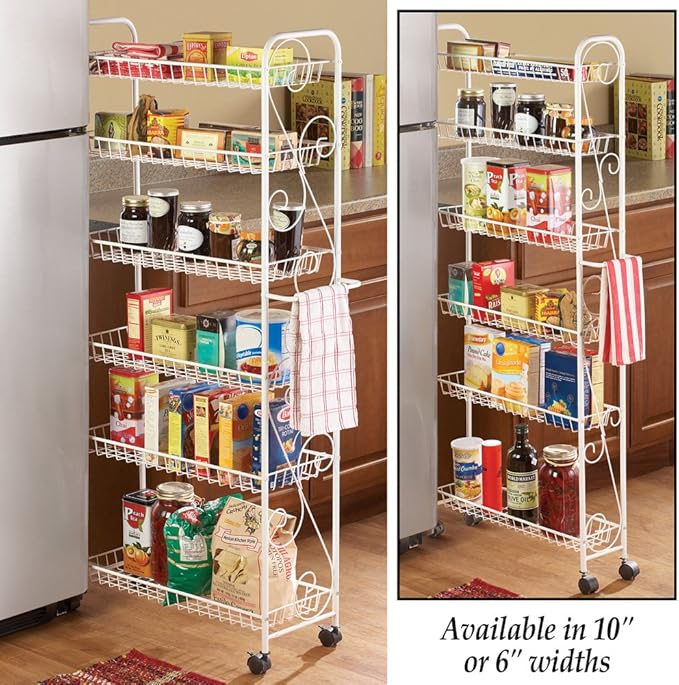 SkyMall Slim Rolling 6-Tier Shelf, White Metal with Elegant Scroll Design Accent - Extra Kitchen and Bathroom Storage, 6" - Image 4