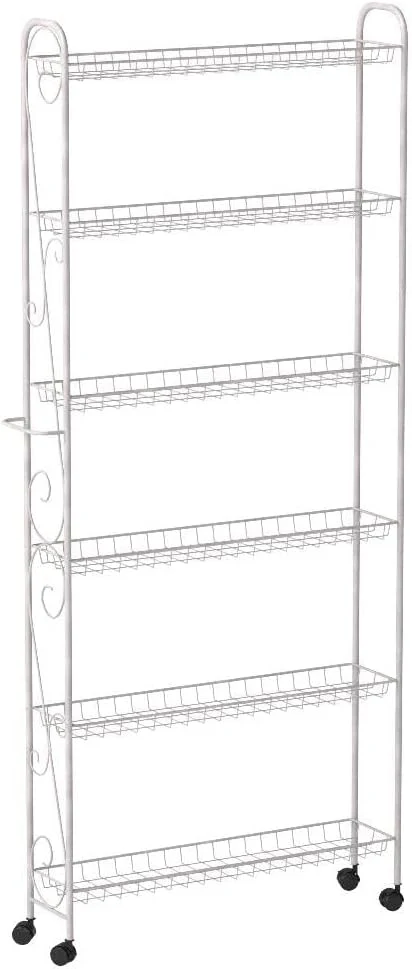 SkyMall Slim Rolling 6-Tier Shelf, White Metal with Elegant Scroll Design Accent - Extra Kitchen and Bathroom Storage, 6" - Image 5
